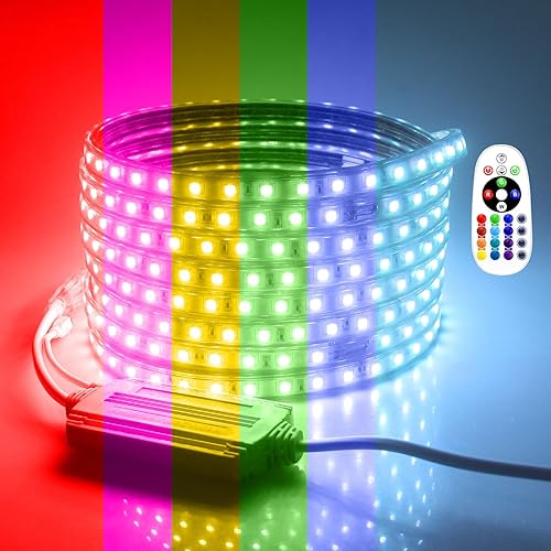 Miniatura 1 de Aclorol Tira de luces LED RGB para exteriores, impermeable, CA 110 V-130 V, cuerda de luces LED, RGB multicolor, regulable, tira de luz flexible,