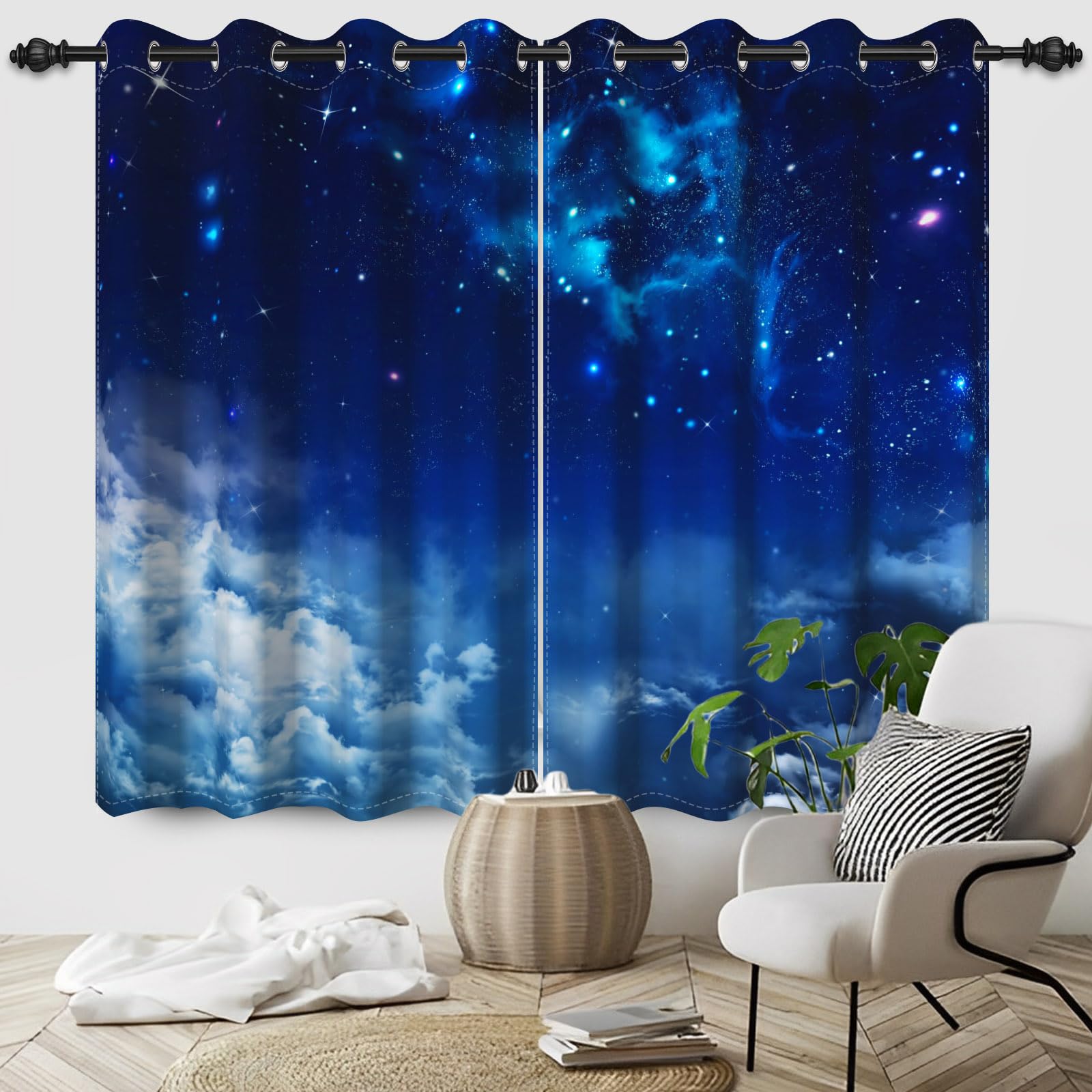117x138cm Rideau à œillets Galaxy pour Chambre d'enfant Espace Nébuleuse Ciel étoilé Nuage Séparateurs de pièces Rideaux de fenêtre pour Garçons Filles Salle de Jeux Salon,2 Panneau