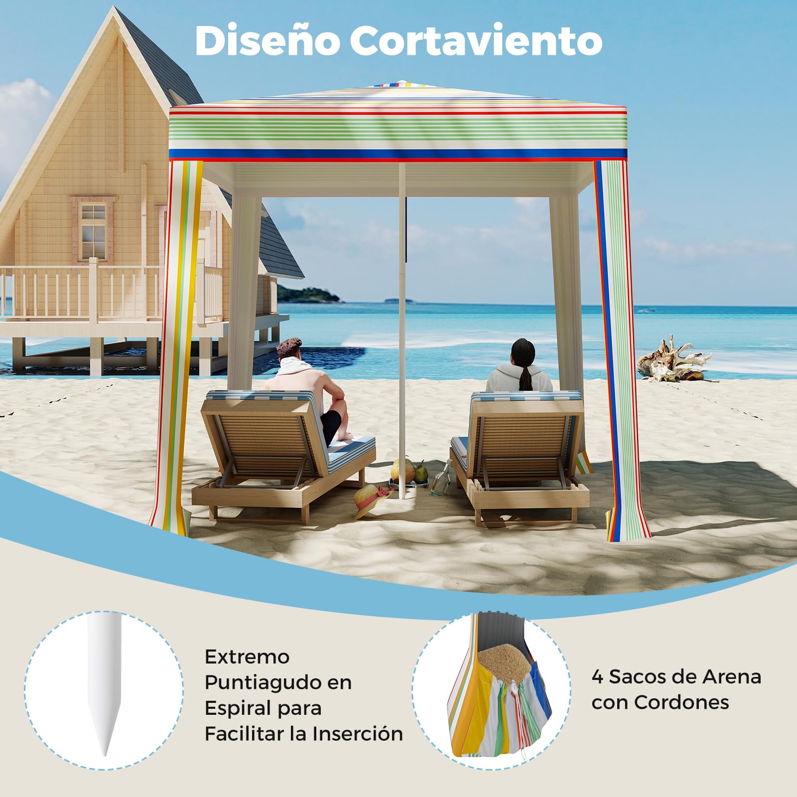 COSTWAY Sombrilla Playa Grande, 200 X 200 CM, Techo Ventilado, Protección Solar, Parasol Jardin Cuadrda con Bolsa De Transporte, 4 Sacos De Arena, Protección Solar Exterior (Colorido)