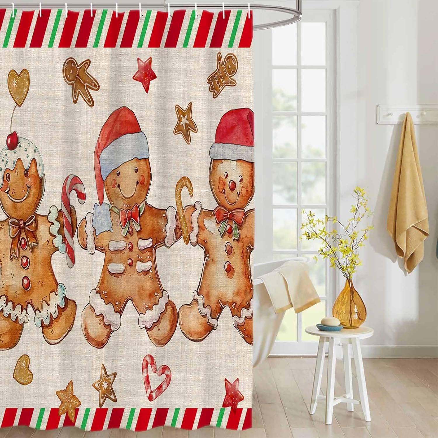 Christmas Gingerbread Man Shower Curtain Sets with Hooks for Bathroom, Linen Grain Bath Curtain, Xmas Ginger Man Cookies Waterproof Fabric Shower Curtains Farmhouse Bath Home Decor 66x72 in