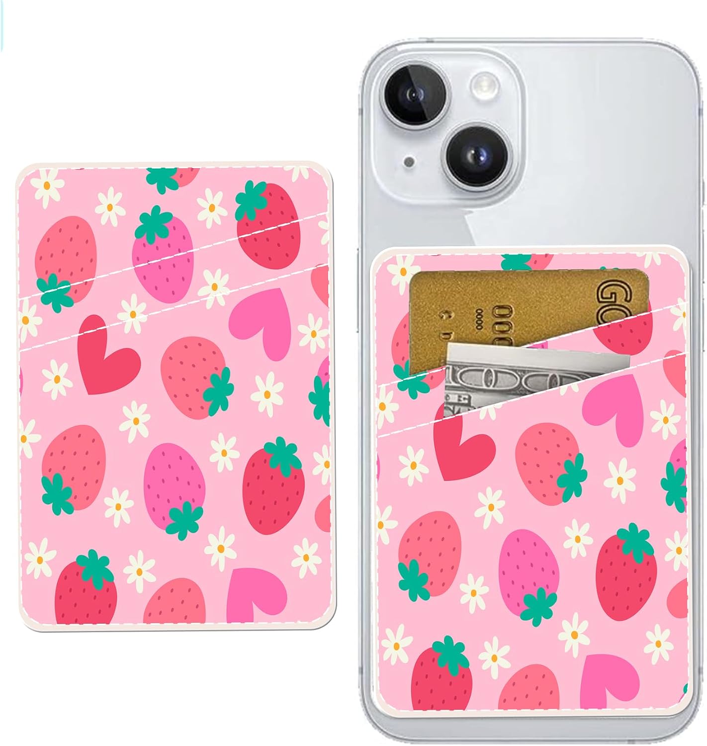 Dual Pocket Leather Phone Wallet Adhesive Stick On, Cute Card Holder for Credit Cards, Compatible with Most Phones - Cute Rose Butterfly