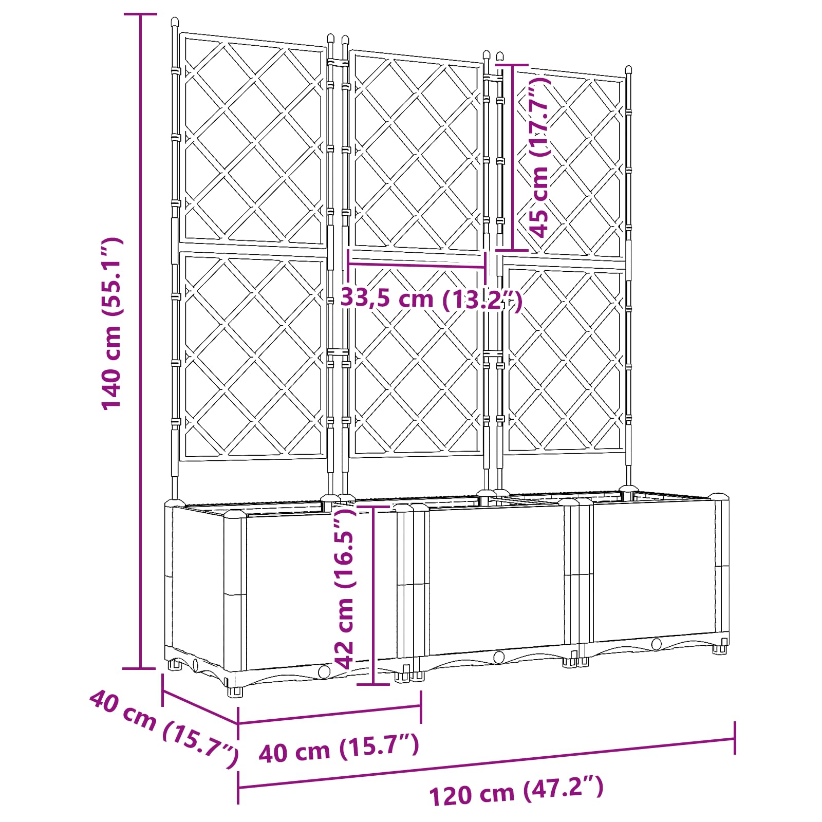 Matowo-szara donica na rośliny z kratką dla roślin pnących, 120 x 40 x 143 cm, do użytku wewnątrz i na zewnątrz, wytrzymałe tworzywo sztuczne ze wzmocnieniem żelaza, nowoczesna grządka ogrodowa do