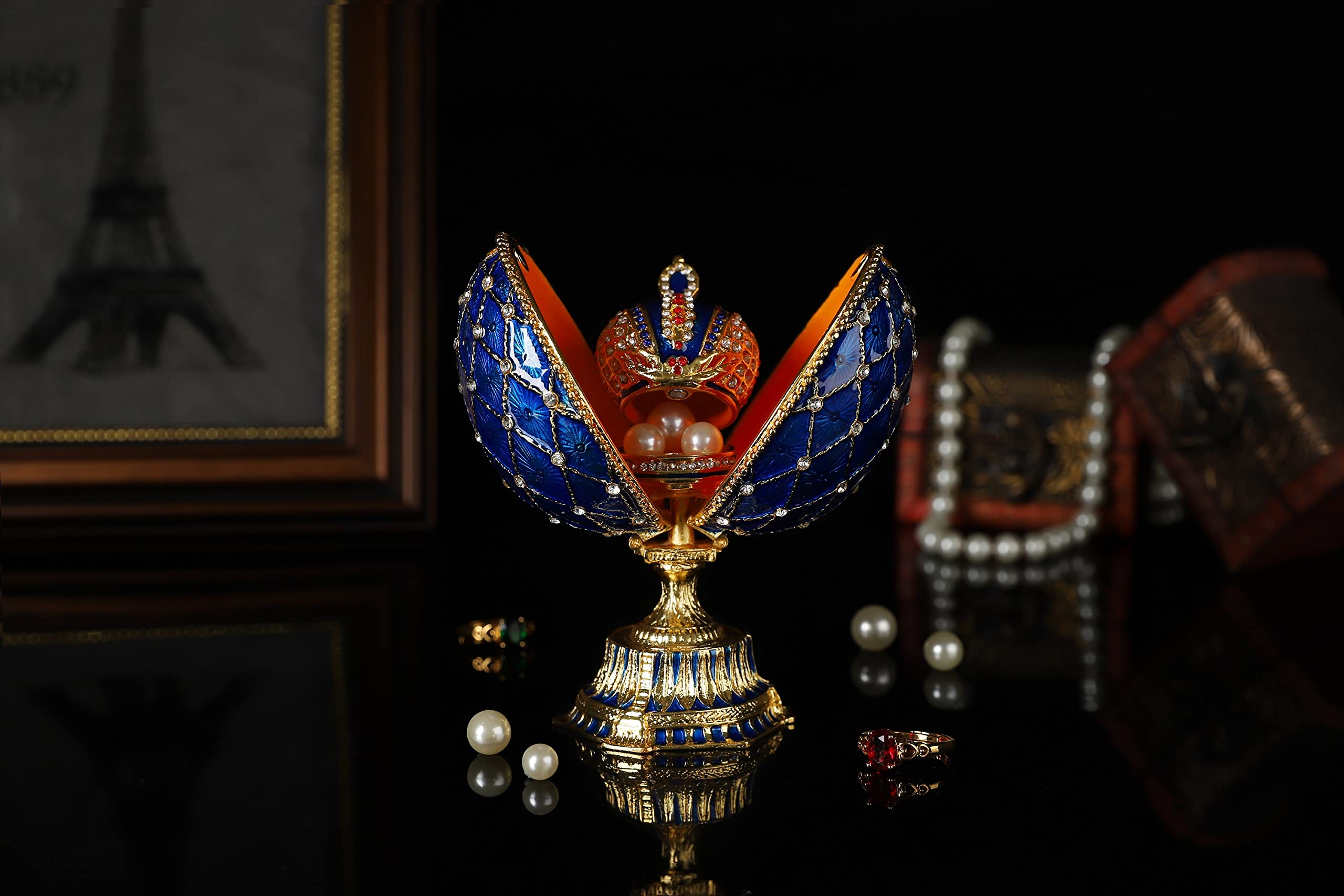 QIFU Faberge Style Egg Blue Réplicas con bisagras y corona regalo único para decoración del hogar