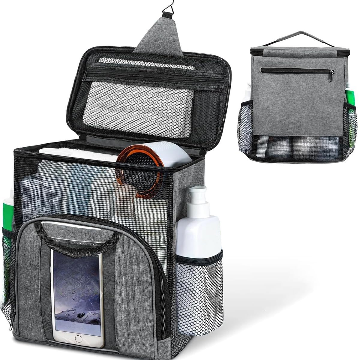 Portable Shower Caddy for College Dorm Gym Foldable Hanging Mesh Shower Organizer Large Capacity Toiletry Bags Gray