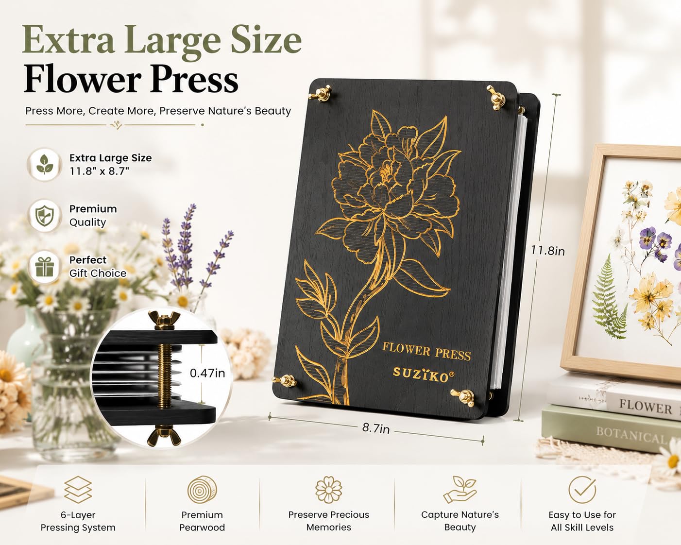 Suziko Große Blumenpresse mit Fotorahmen, Blumenpressen-Set, Maße 30 x 22 cm,6 Schichten Blumenpressen-Set für Erwachsene und Kinder - Tolles Geschenk für Kunst- und Handwerksliebhaber und Tochter