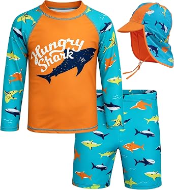 LUCKYLI Boys Swim Set UPF 50+ Shirt, Sun Hat & Trunks, 4-Way Stretch Quick Dry, Sublimation Print, for Beach & Water Park