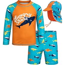 LUCKYLI Boys Swim Set UPF 50+ Shirt, Sun Hat & Trunks, 4-Way Stretch Quick Dry, Sublimation Print, for Beach & Water Park