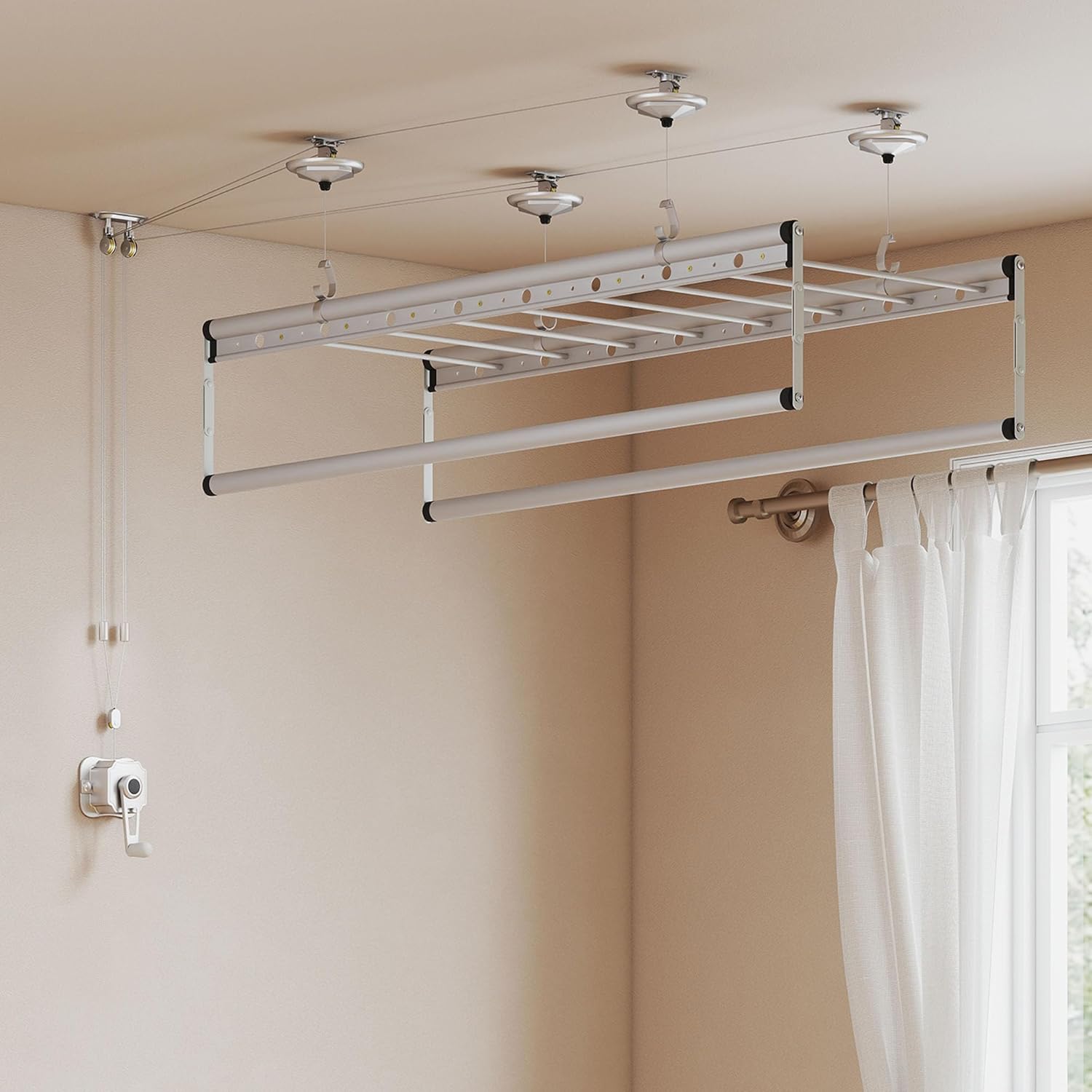 lesolar Ceiling Mounted Clothes Drying Rack, Height Adjustable Clothes Airer Pulley Drying Rack, Vertical Folding Laundry Drying Rod