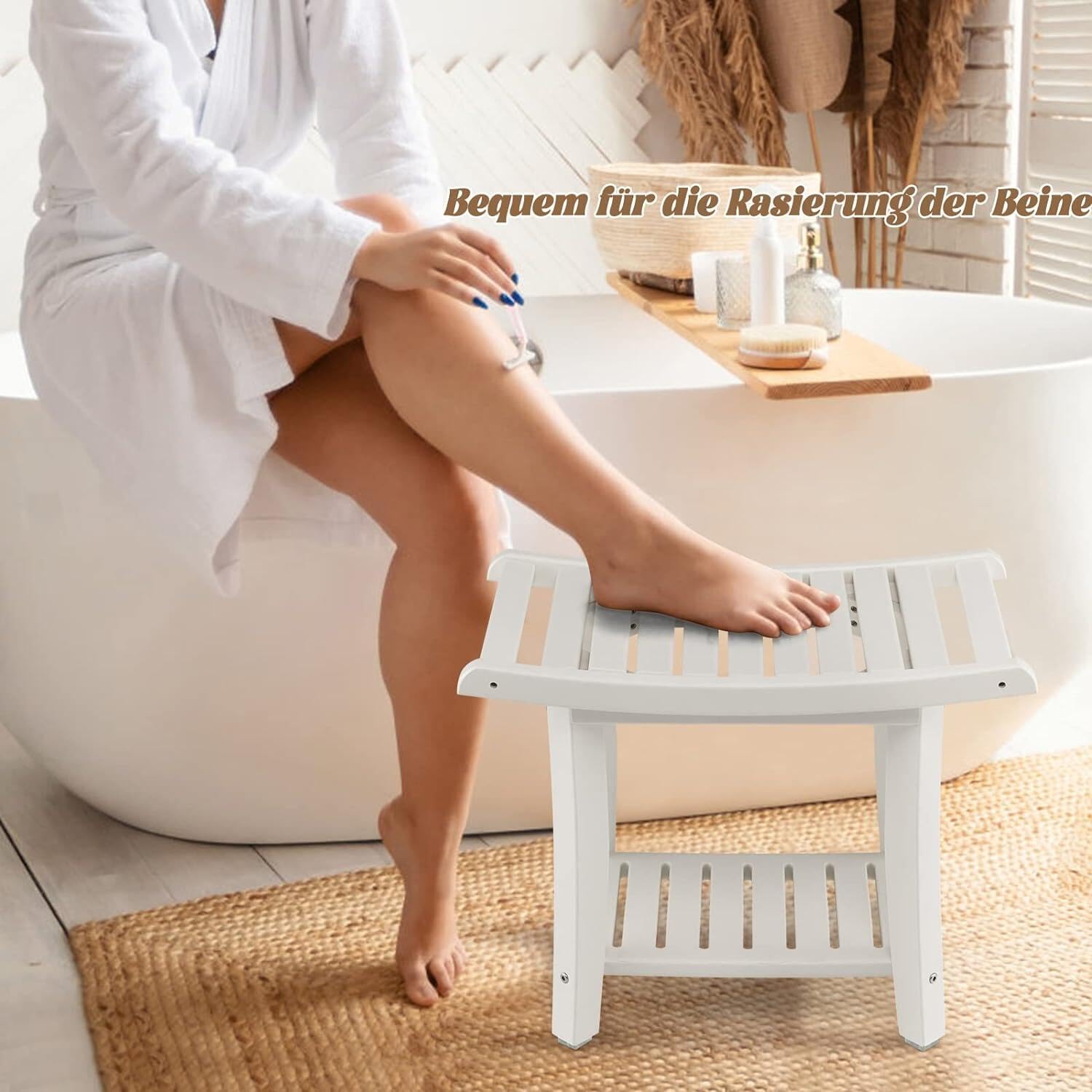 RELAX4LIFE Duschbank, Badezimmerbank mit Ablage Handtuchhalter, Badhocker mit Rutschfesten Füßen, Duschstuhl bis 150kg Belastbar, Duschsitz für Alte Schwangere, 60,5 x 34 x 48 cm, Weiß