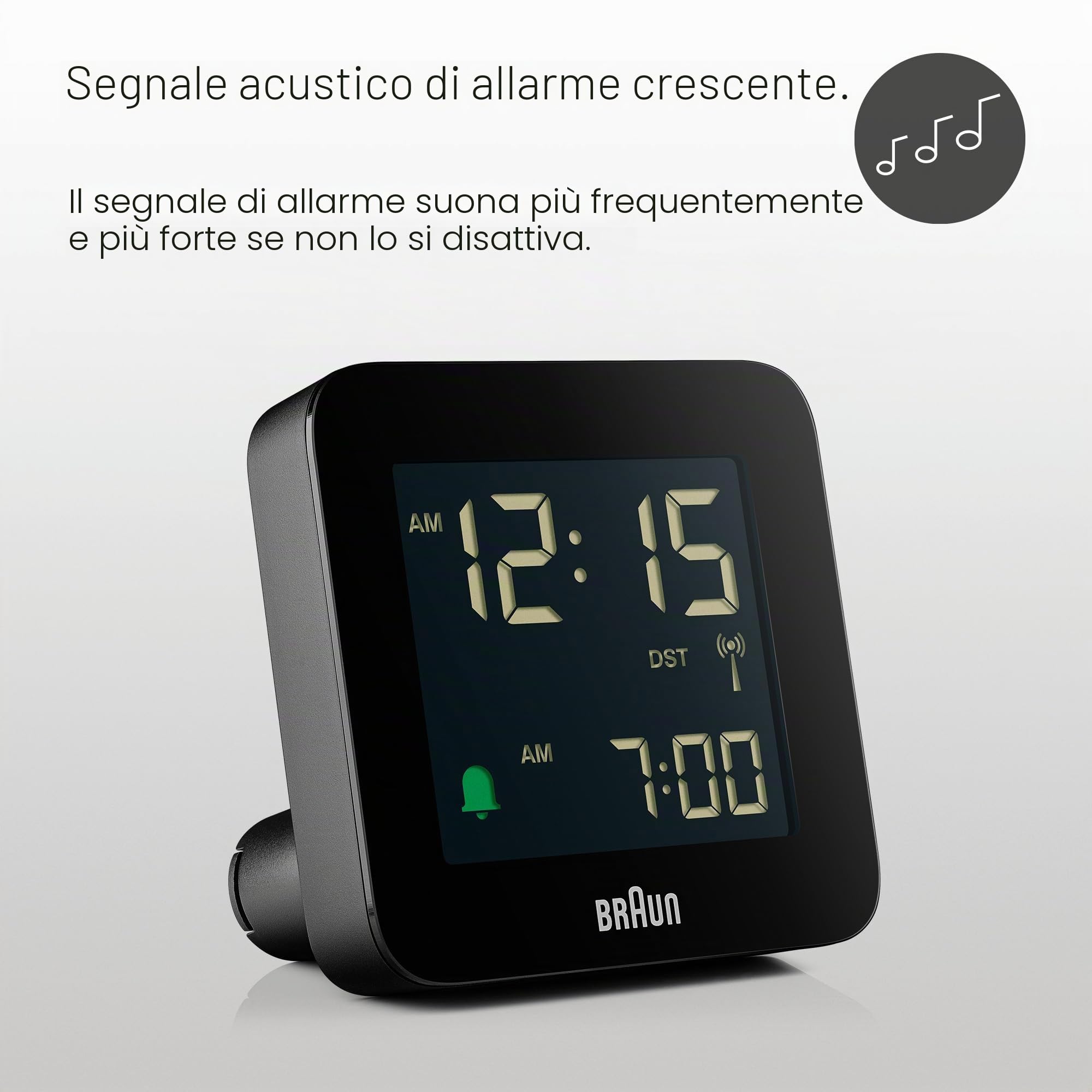 Braun Orologio Sveglia Digitale Radio controllato Fuso Orario Europa Centrale (DCF) con Funzione Snooze, Display LCD, Funzione Quick Set, Suono Sveglia Beep con crescendo, Nero, BC09B-DCF.