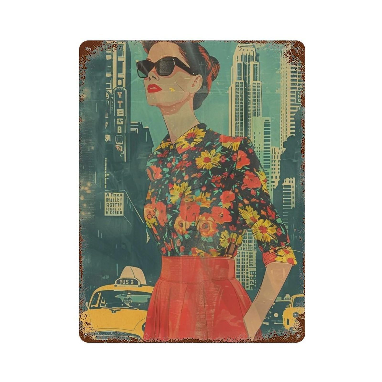 YHGERTKU 1950s New York Woman 01 Wall Art Retro Iron Vintage Metal Tin Sign Poster Modern Decor for Living Rooms Gift 40x30cm