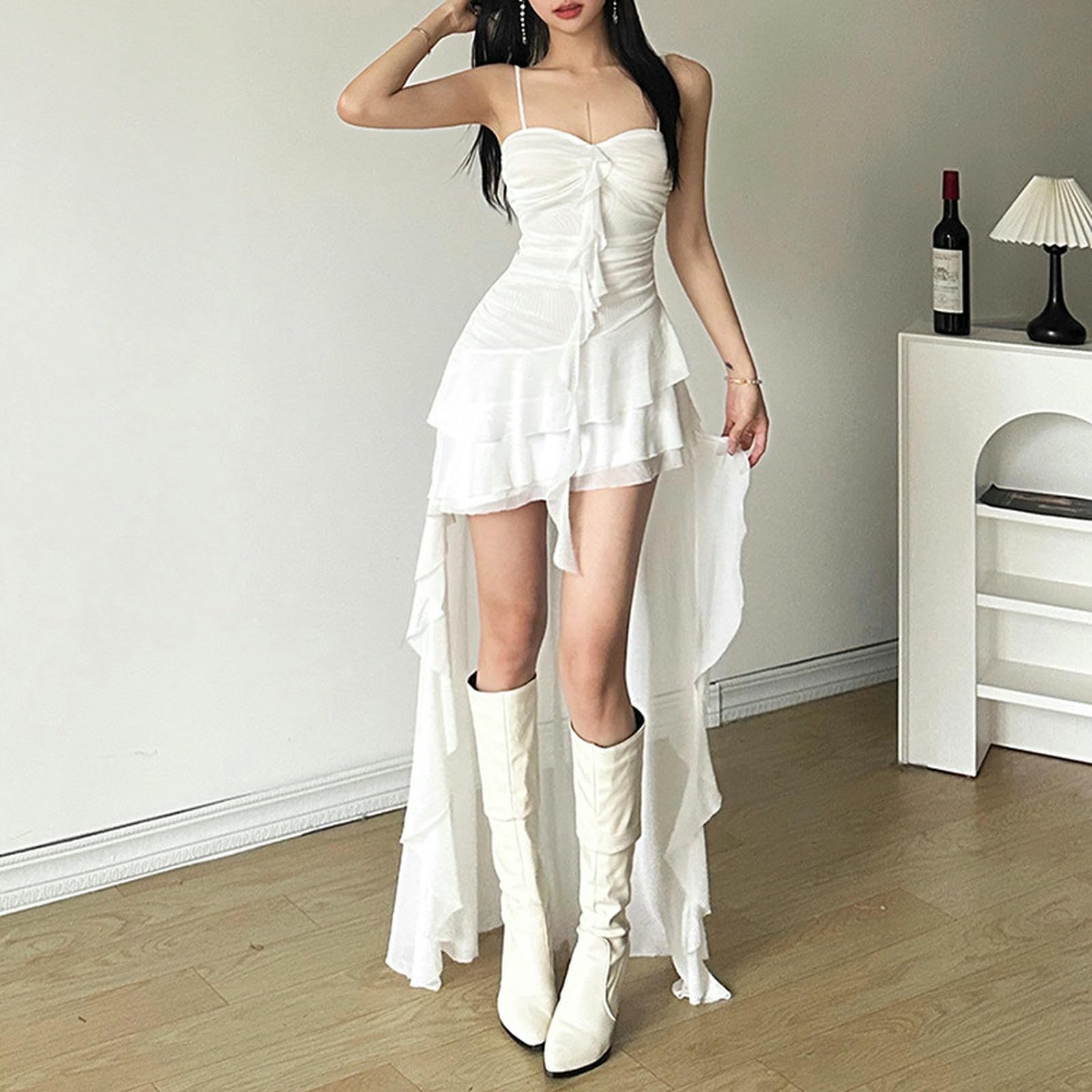 Vestito Donna Abito per Stendere Asimmetrici Arruffato da off Spalla Bodycon Cocktail Dress-Bianco-m