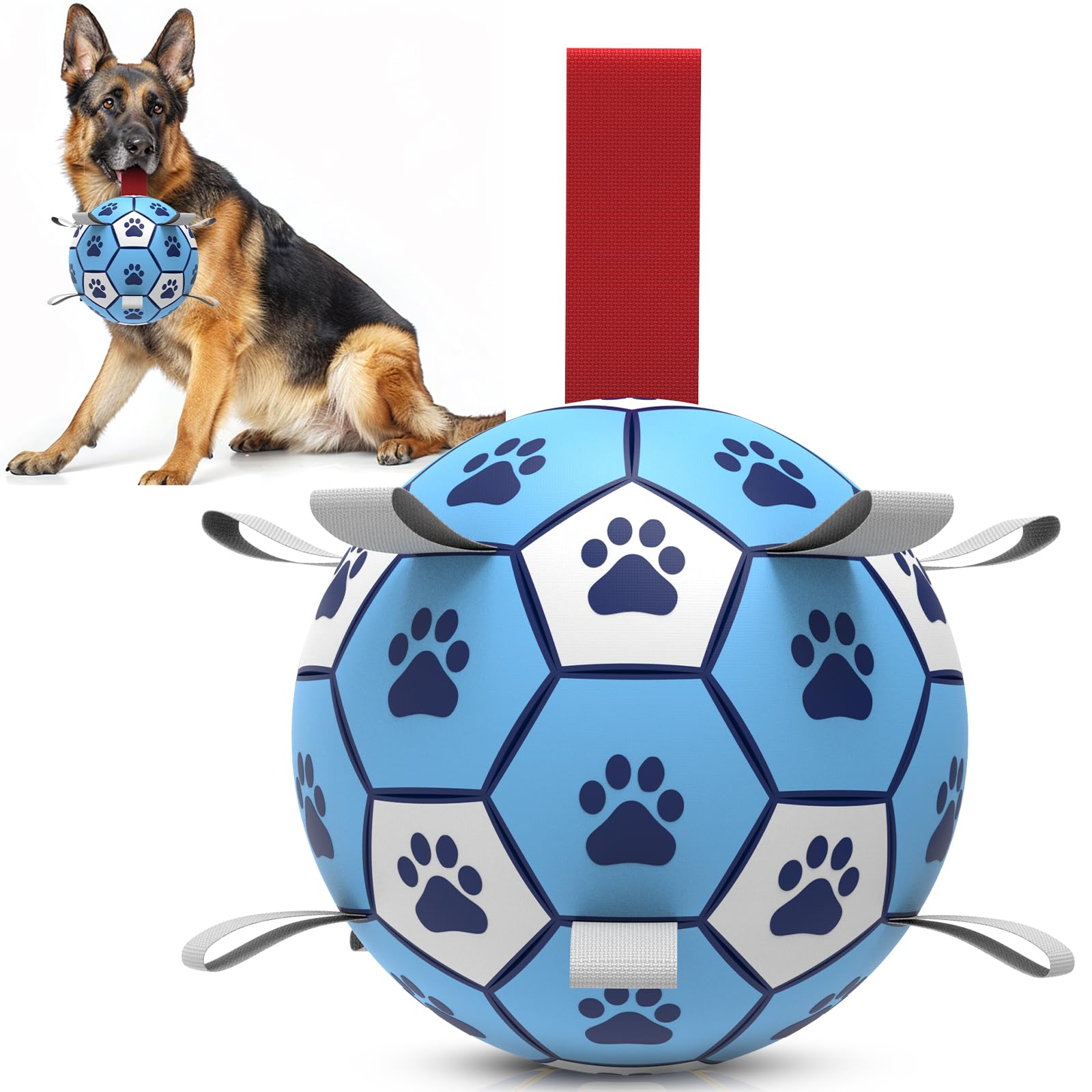 HETOO Dog Toy, Dog Ball with Nylon Rope, Premium Dog Football Toy for Medium Large Dogs, Indoor and Outdoor Entertainment (8 Inches, Blue, White)
