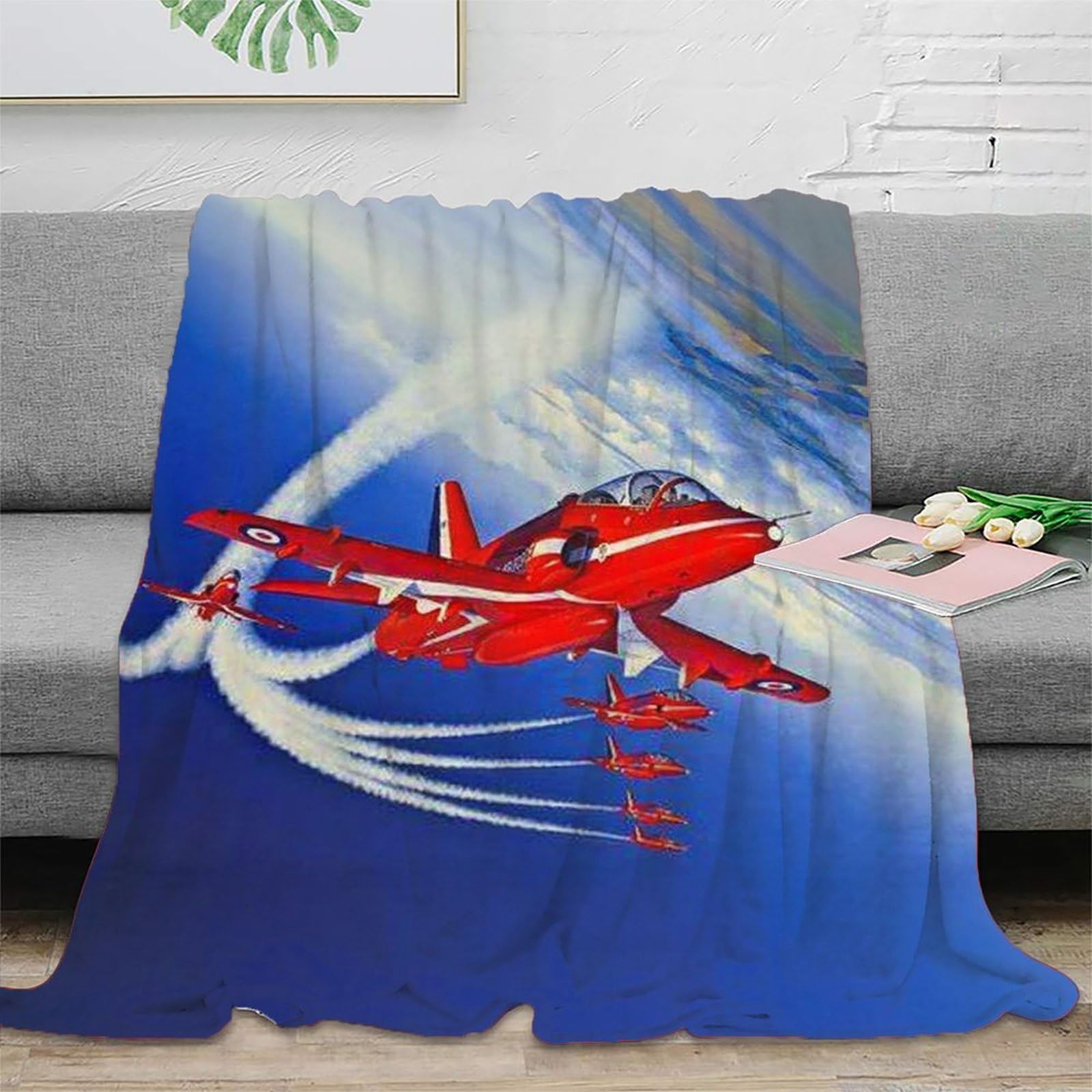 XiaopangXY 3D Air Show Flannel Blanket for Bed Super Soft Red Arrows Plane Blanket for Fall & Winter, No Pilling, No Shedding, Lightweight Decorative Fuzzy Plush Bedding for Couch