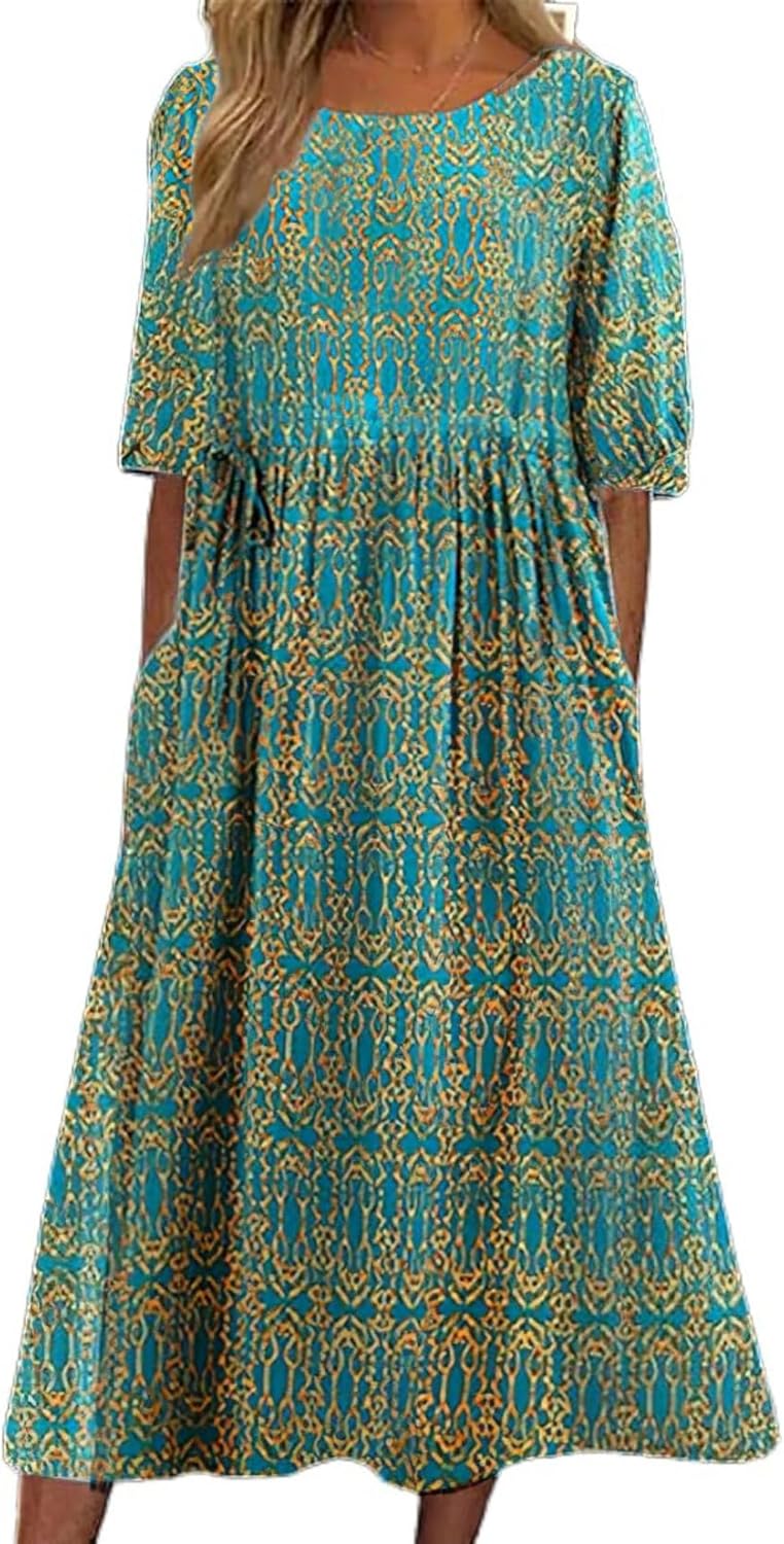 LOAIHA Women's Boho Floral Summer Dress Casual Loose Crewneck Short Sleeve Maxi Dress Beach Vacation Dresses with Pockets