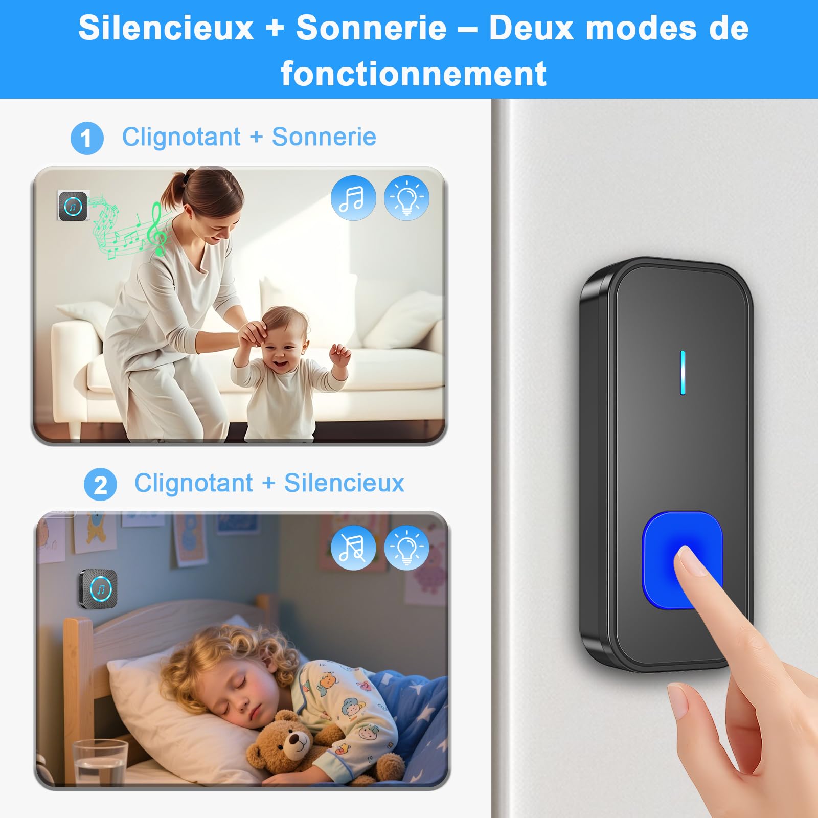 AIMAX Sonnette sans fil avec 3 émetteurs et 4 récepteurs, longue portée 400 m, étanche IP55, 55 sonneries, 5 niveaux de volume avec clignotement LED, installation sans fil, noire