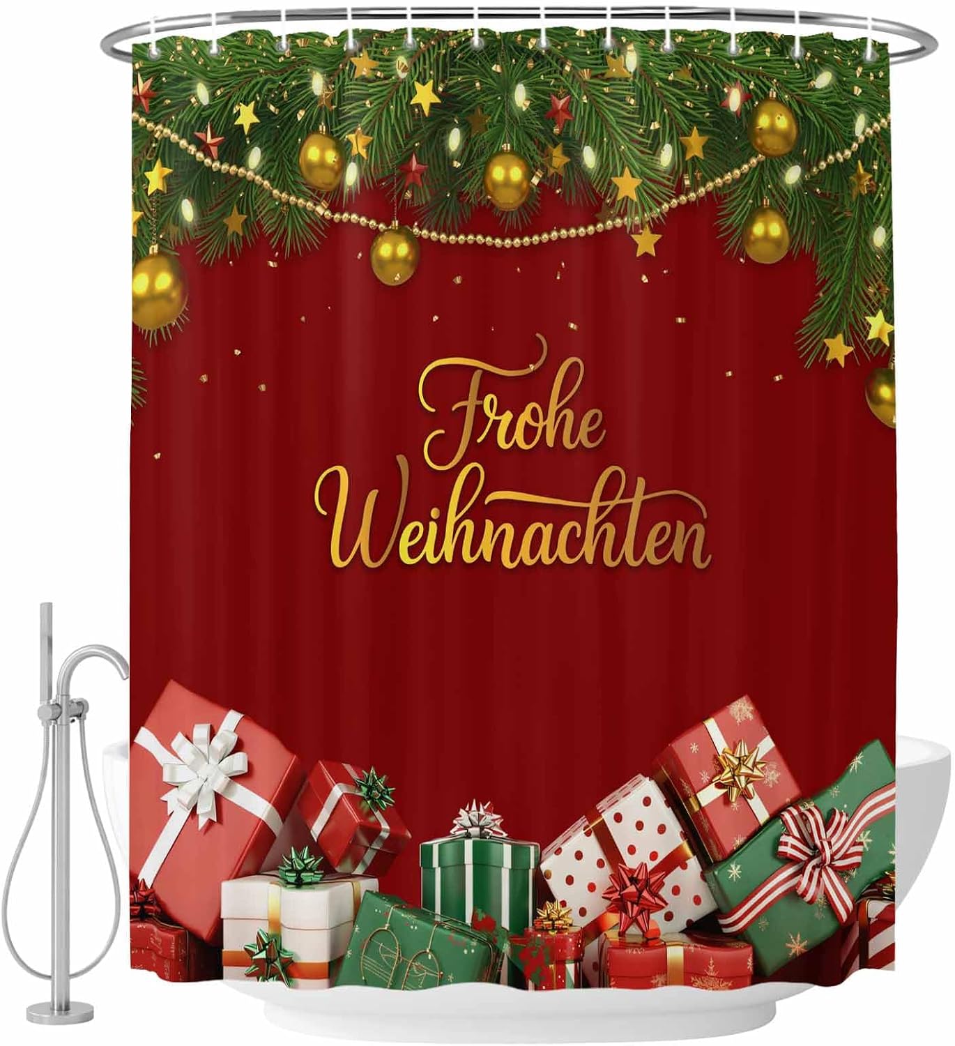 Merry Christmas Waterproof Shower Curtains Set - Small Shower Curtain 36 x 78 Inch, Winter Xmas Gifts Pine Tree Light Balls Fabric Bathroom Curtain with 12 Hooks, Bathroom Accessories