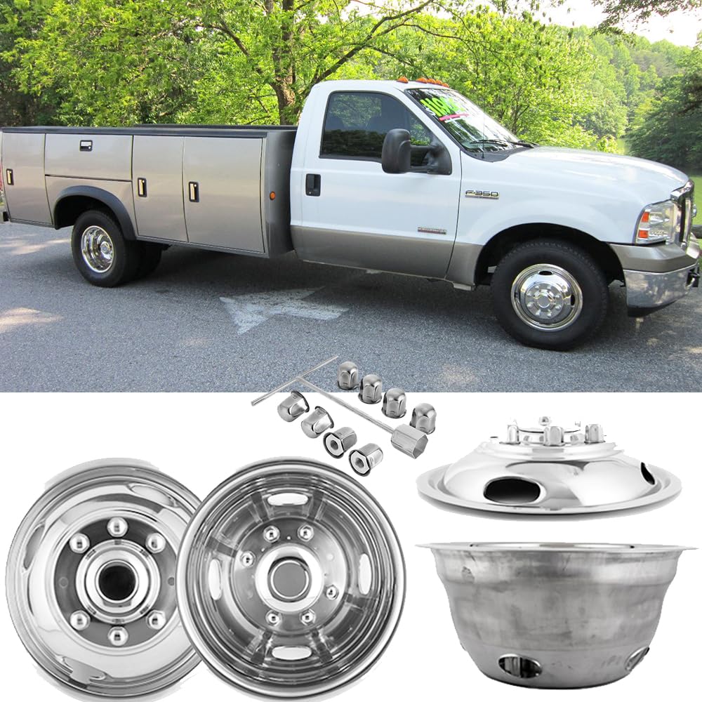 Puermto 4pcs 17" Polished Stainless Steel Dually Wheel Simulators, Good Looking and Durable Bolt On Wheel Cover, 8 Lug Hubcaps Rim Skin Cover Fit for