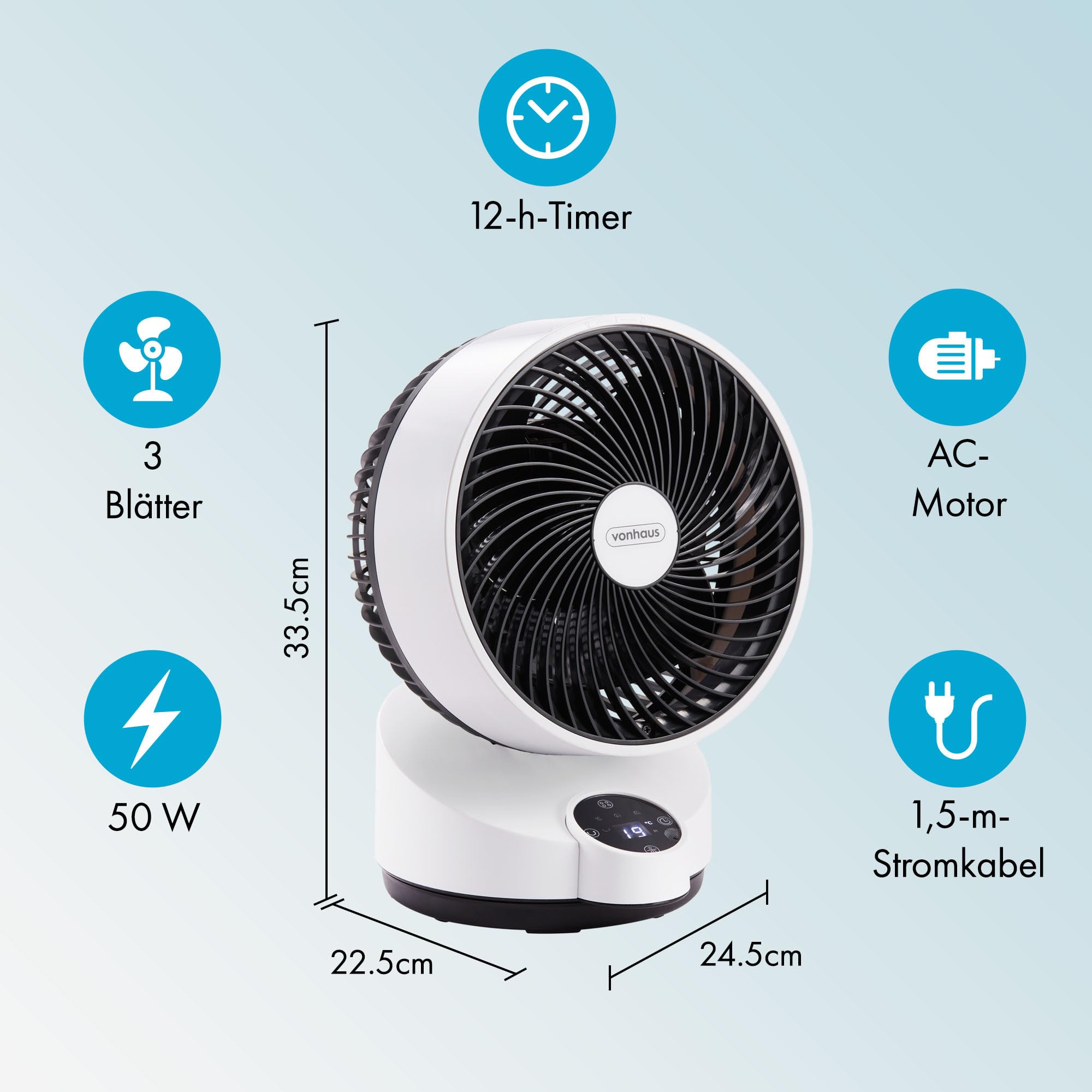 VonHaus Umluft Ventilator Leise Tischventilator 3 Geschwindigkeitsstufen 3 Modi Fernbedienung 12-h-Timer 60° Schwenkfunktion LED-Display