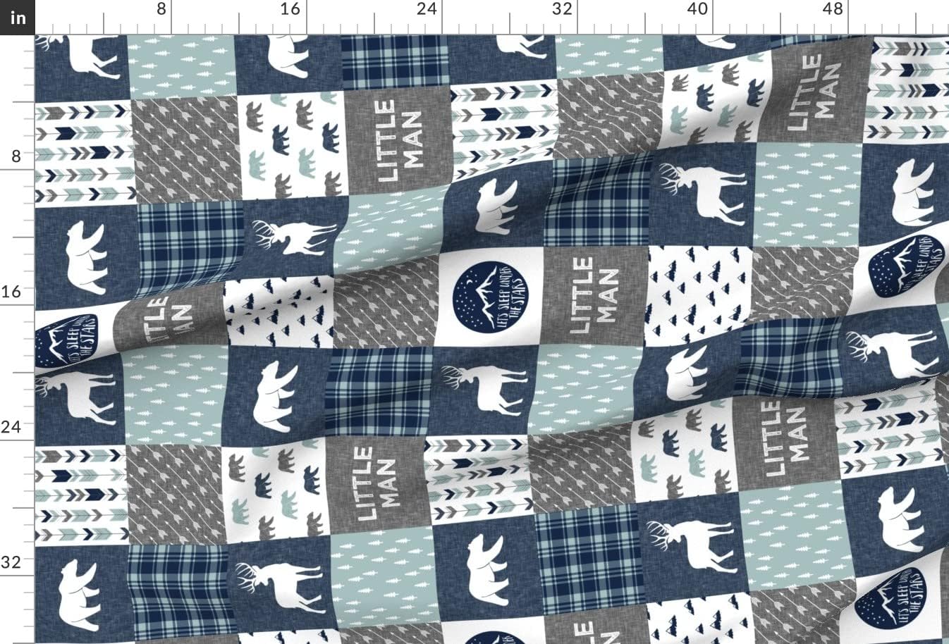 Spoonflower Fabric - Happy Camper Little Man Bear Buck Navy Dusty Blue Woodland Trendy Printed on Minky Fabric by The Yard - Sewing Baby Blankets Quilt Backing Plush