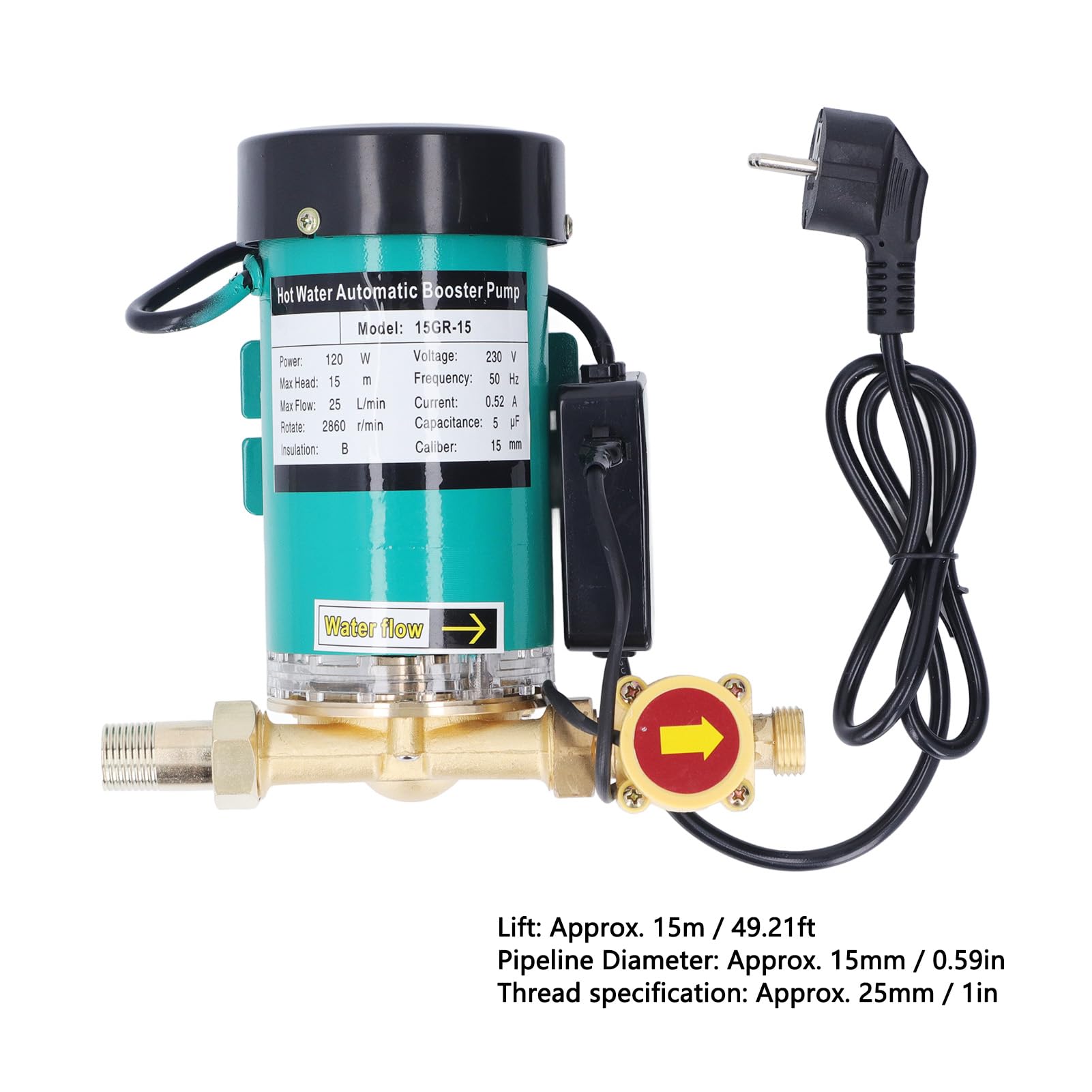 FTVOGUE Bomba Elevadora de Presión de Agua Automática, Bomba de Latón de 120W, 25L/min, 49 Pies, con Ventilador de Disipación de Calor para Calentador de Agua Solar Doméstico