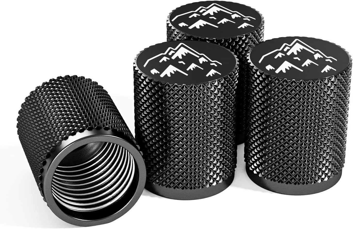STEEL HAWK Mountain Adventure Edition Tire Valve Caps - 316L Stainless Steel (4-Pack) - Deep Laser Engraved - No-Fuse Marine Grade CNC Machined - Universal Fit for Cars, Trucks, SUVs | PVD Black/EXT