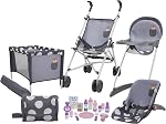 509 Crew 21-Piece Dolls Playset, Stroll n Play & Care, Combo Playset: Doll's Pram, Doll's Travel Bed, Doll's Highchair Set, from 3 Years (Melange Grey)