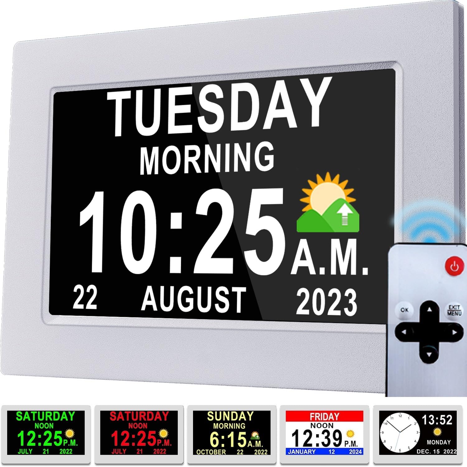 Véfaîî Dementia Clock 2.0 with Auto DST, 20 Custom Reminders, Day Clock with Sun/Moon icons for Elderly, Sleep Trainer, 7" with Remote & HD Picture Frame
