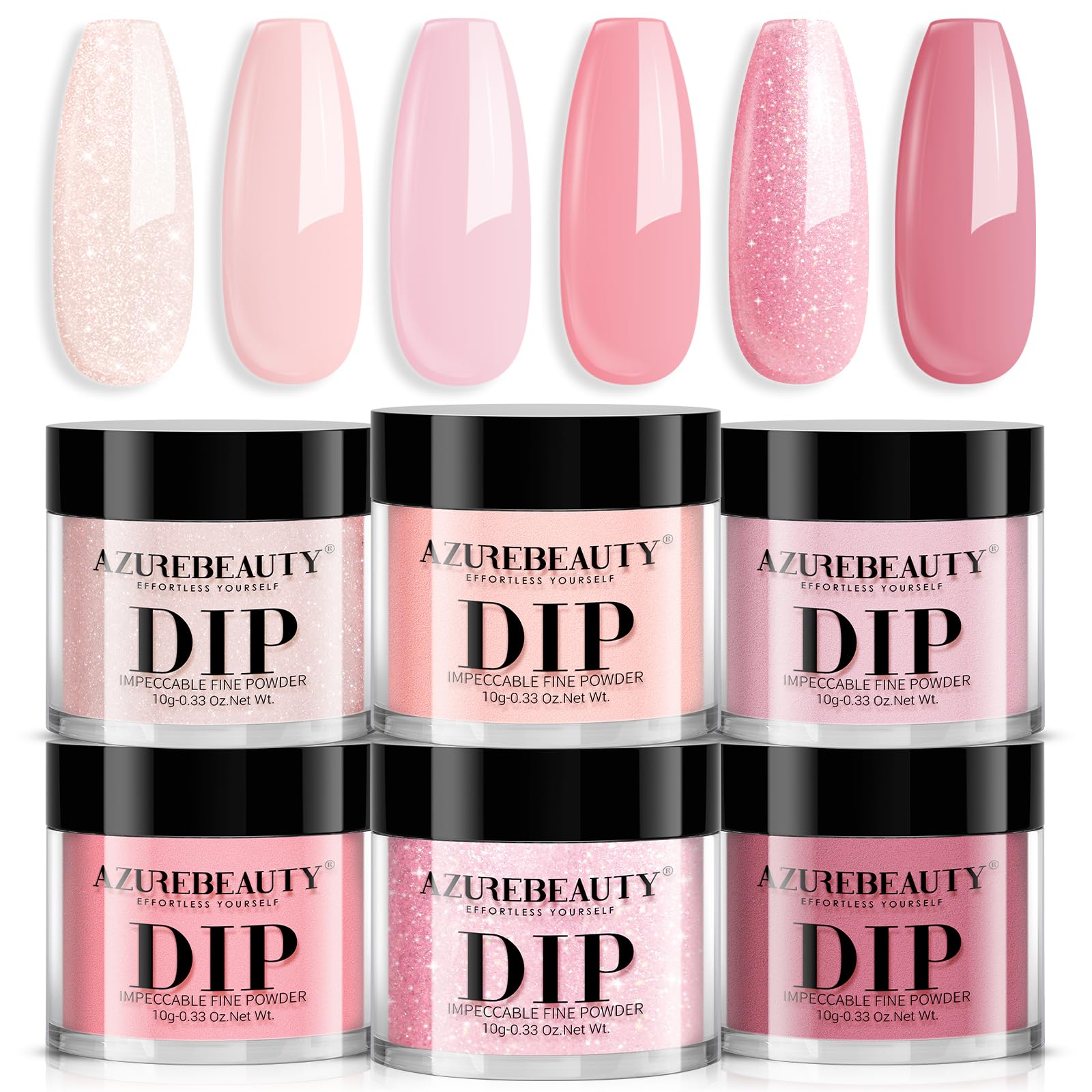 AZUREBEAUTY Pink Dip Powder Nail Set, All Season 6 Colors Nude Pink Glitter Cherry Blossom Shades Dipping Powder Nail Starter Kit French Art Manicure DIY Gifts for Women, No Need Nail Lamp Cured