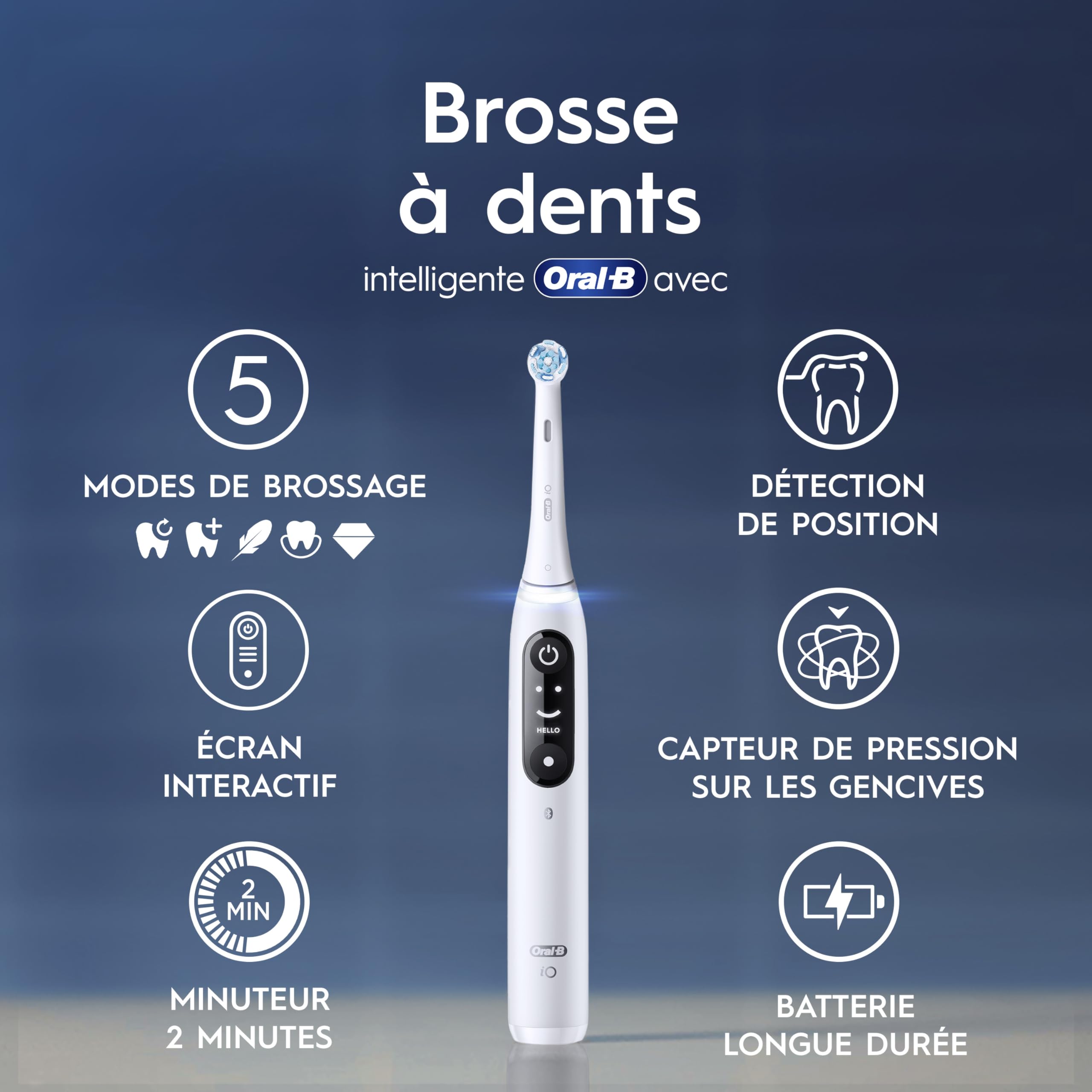 Oral-B Elektrische Zahnbürste iO 6, 2 Ersatzbürsten, weiß – 5 Putzmodi, einschließlich Aufhellung und Zahnfleischpflege, Drucksensor, wiederaufladbarer Akku, interaktives Display, Etui