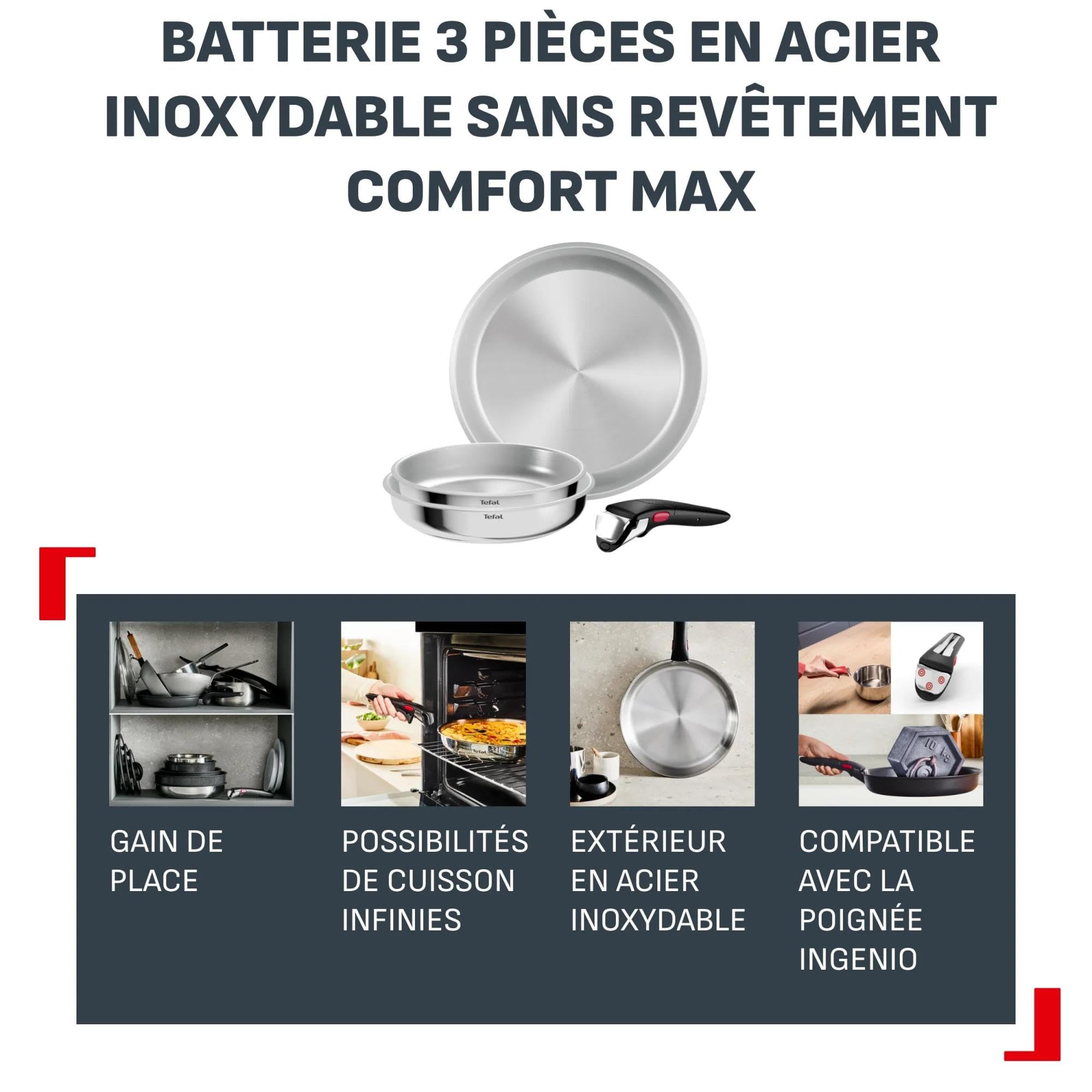 Tefal Comfort Max, Batterie de cuisine 4 pièces, Acier inoxydable sans revêtement, Casseroles et poêles empilables, Poignée amovible, L968S434