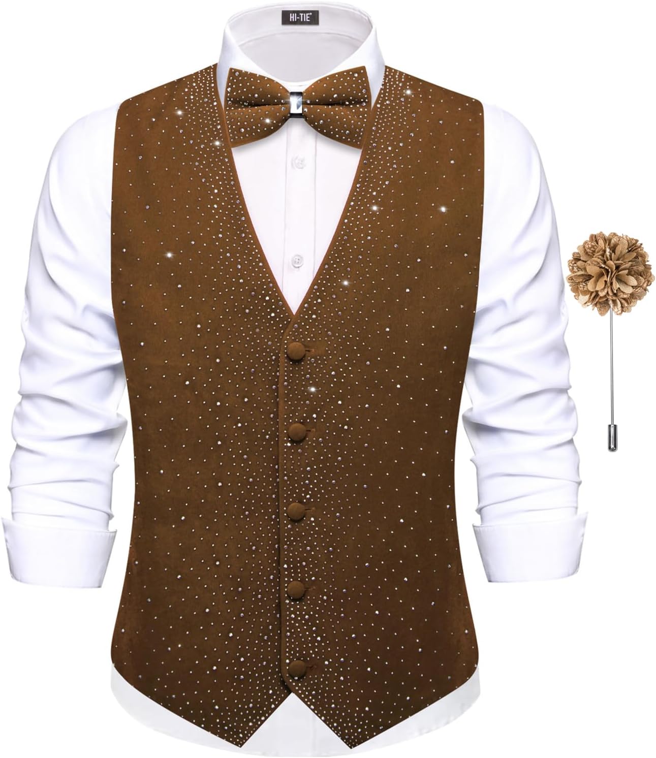 Hi-Tie Men's Sparkling Velvet Waistcoat Suit Vest and Bow Tie Set Tuxedo Vests Flower Lapel Pin for Wedding Party Performance