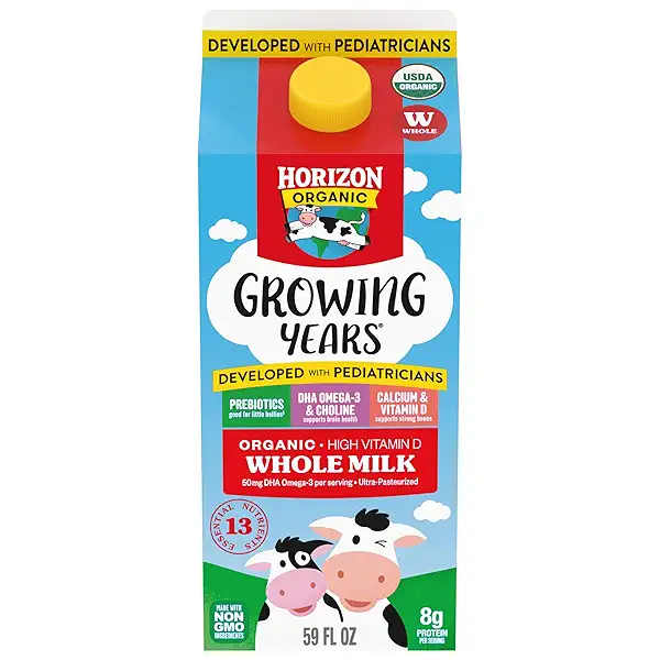 Horizon Organic Growing Years Whole Milk, Vitamin D Organic Milk for Growing Kids with DHA Omega-3, Choline, and Prebiotics, 59 fl oz Carton​ 1