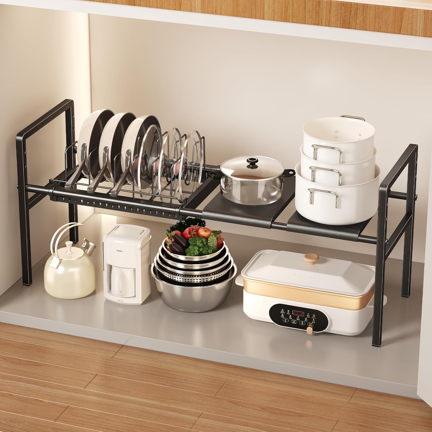 Mustorn Range Couvercle Extensible, 1 Niveau Rangement Casserole, Hauteur Réglable Rangement Poele Et Casserole Placard, Porte Couvercle, Supports à Casseroles Avec 6 Séparateurs(Noir)
