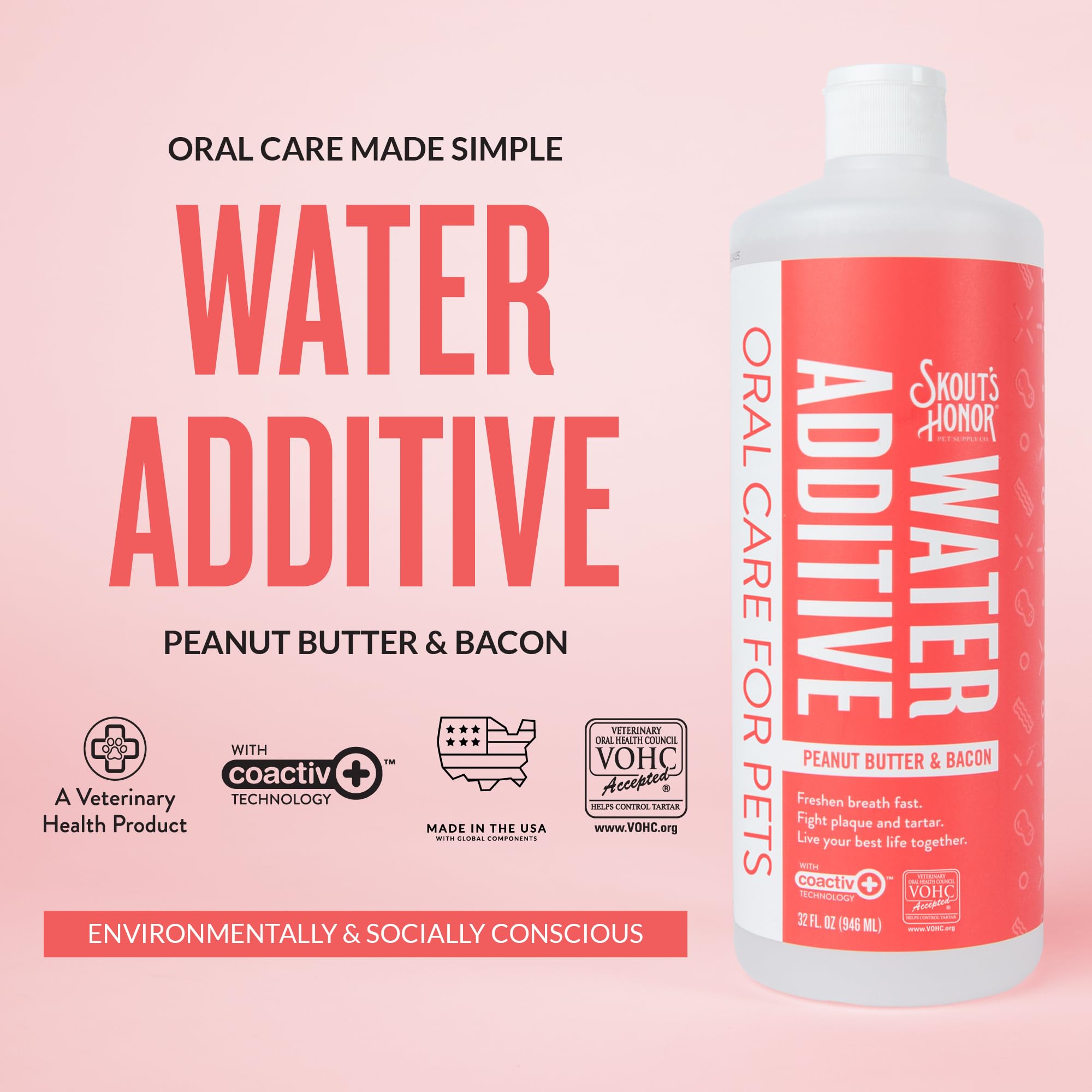SKOUT'S HONOR Peanut Butter & Bacon Water Additive - VOHC Accepted for Tartar Control, Freshens Breath Fast, No Brushing Required, 32 oz - image 2