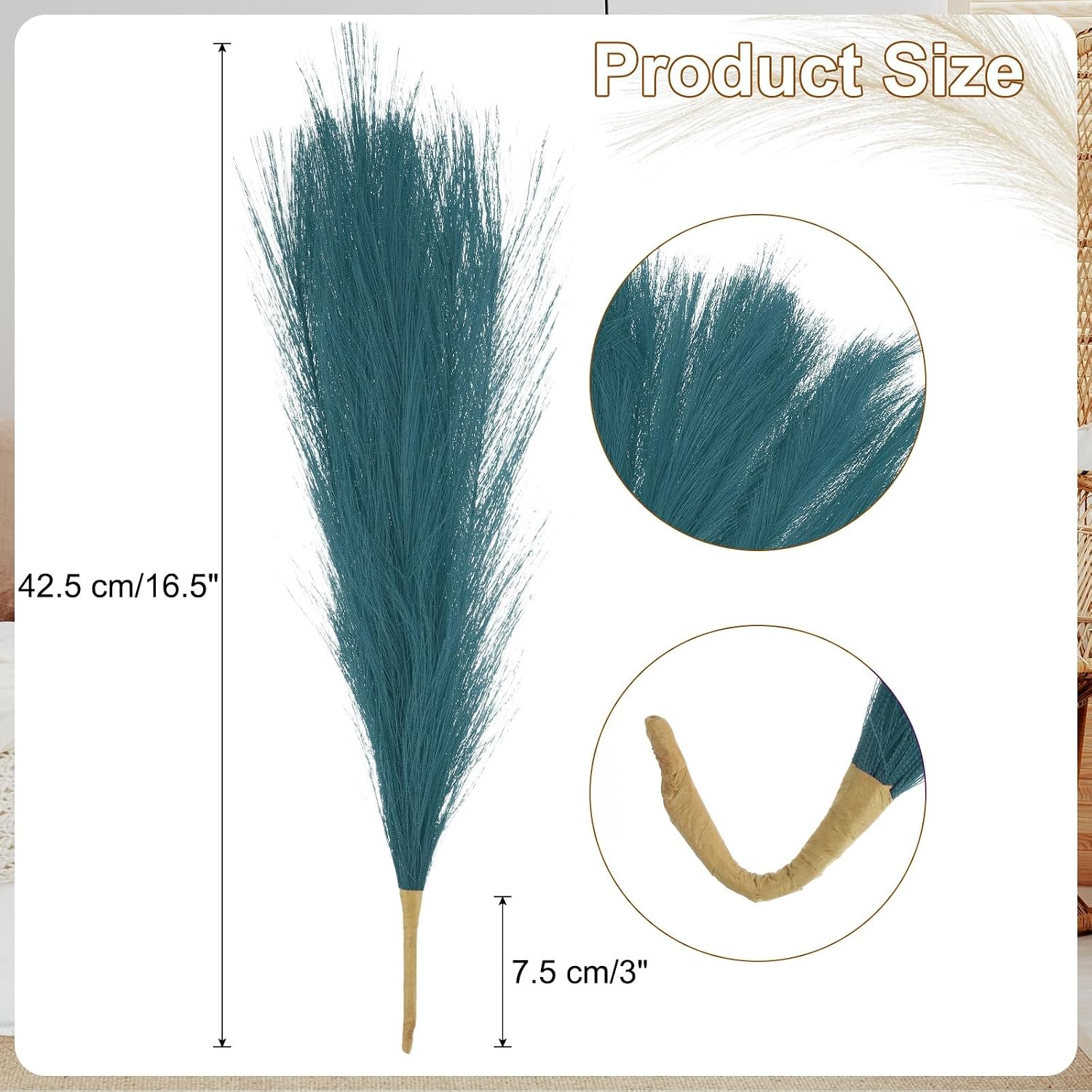 6 Pcs Faux Pampas Grass 42.5cm/16.5" Dried Pampas Grass 9 Branches, Blue Green HEVERCH 1143