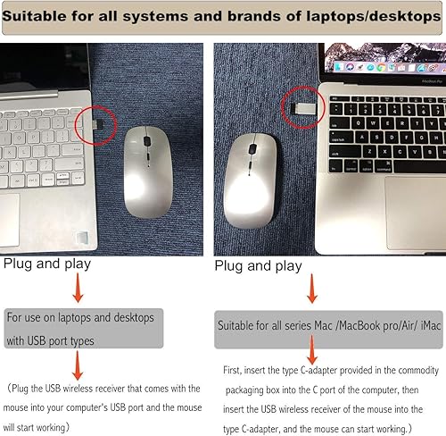 Miniatura 4 de Mouse inalámbrico para laptop, Mac, iMac, MacBook Pro, MacBook Air, PC, Chromebook, Windows, mouse inalámbrico recargable con adaptador USB C (gris