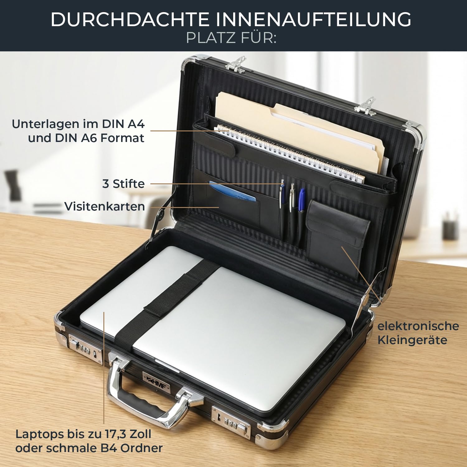 HMF Alu Aktenkoffer für Laptop bis 17,3 Zoll, Businesskoffer Herren mit Zahlenschloss, gepolstertem Laptopfach und Organizer im Deckel | 45 x 33 x 11 cm | Schwarz