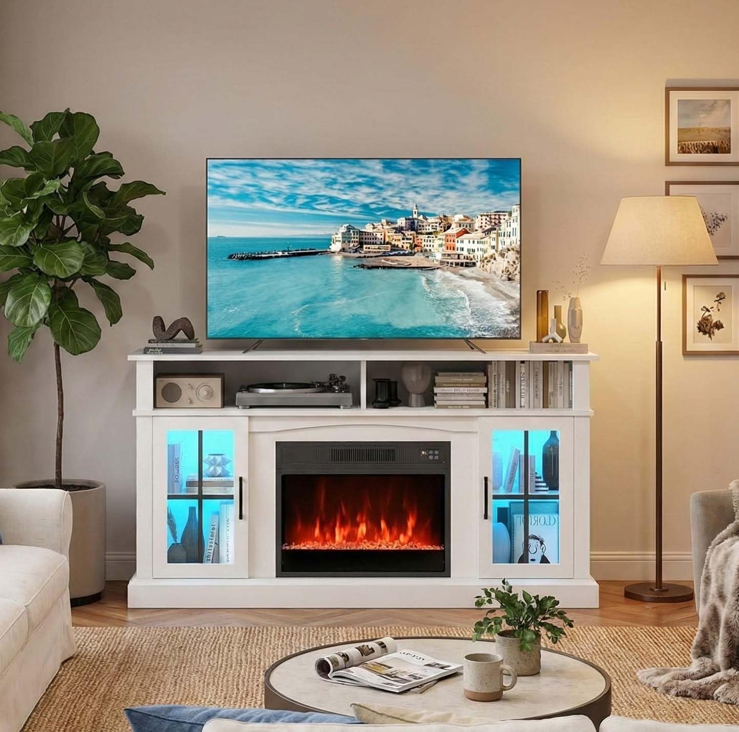 SIMOE Electric Fireplace TV Stand for TVs Up to 65 Inches, 6H Timer, 9 Flame Colors, Adjustable Shelves, Storage Cabinets, 1400W Heater Insert with LED Lights, Remote Controls, 3-Level Flame, White