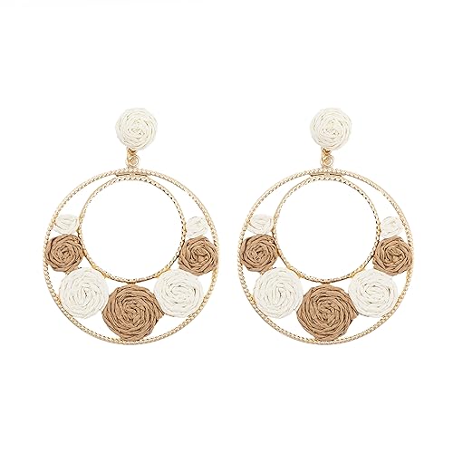 Women’s Raffia Flower Hoop Dangle Earrings Bohemian Round Chic Wave