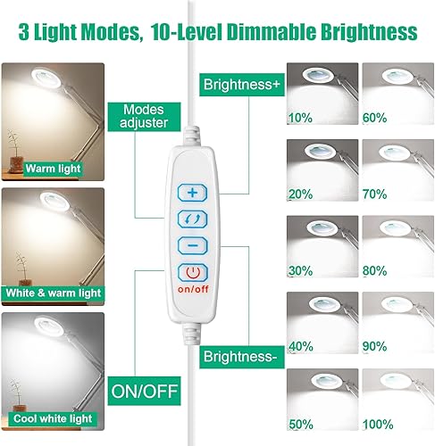 Miniatura 22 de Lupa 10X con luz y soporte, lámpara de aumento LED 2 en 1, lupa de atenuación continua de 3 colores con luz, lámpara de lupa de vidrio óptico real