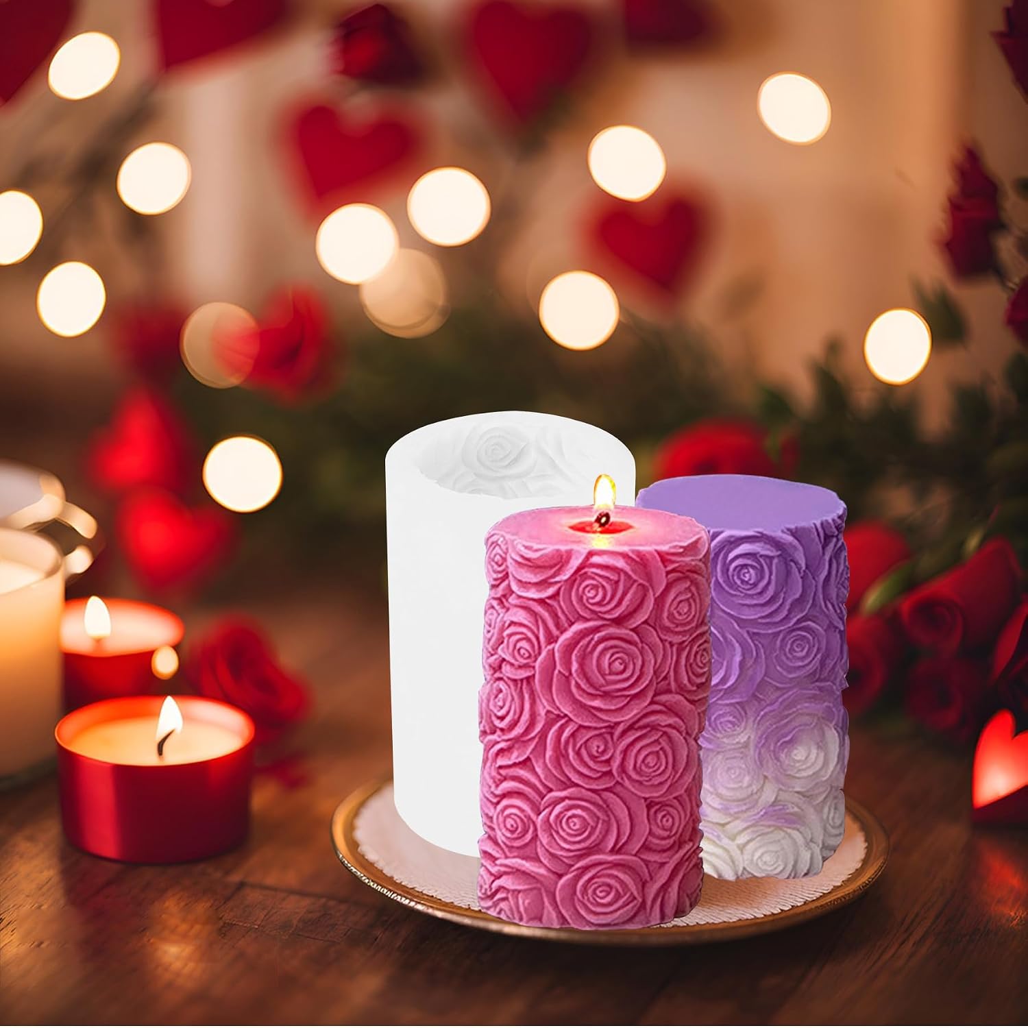 Valentine's Day Candle Mold for Candle Making, 3D Silicone Mold for Resin Casting DIY Plaster Polymer Clay Home Decoration (Rose Pillar)