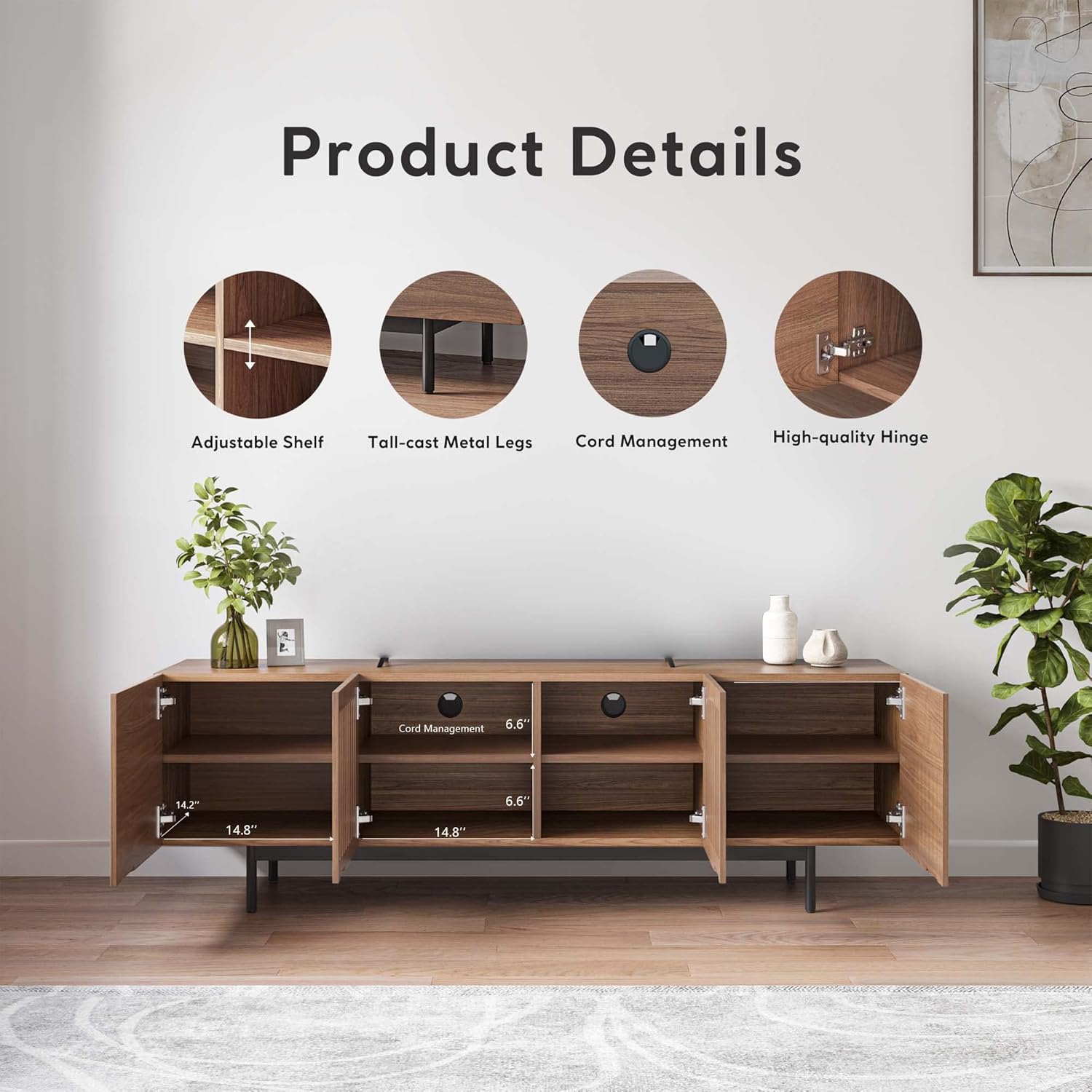 Nærbillede view of the POVISON TV Stand highlighting features like adjustable shelves, tall-cast metal legs, cord management holes, and high-quality hinges.