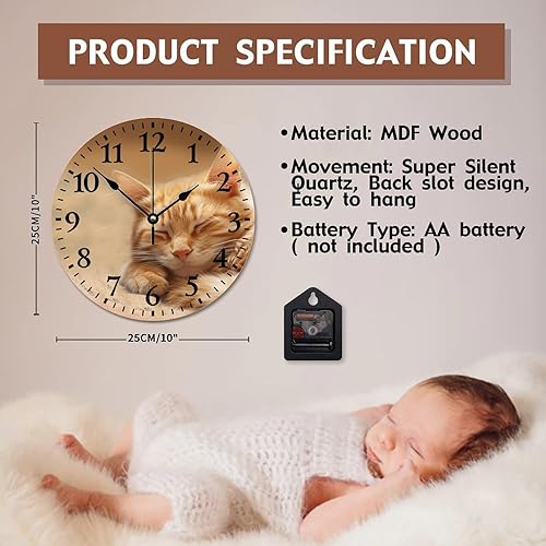 Miniatura 6 de Reloj de pared de gato atigrado naranja dormido de 10 pulgadas, bonito reloj de pared con animales, funciona con pilas, sin tictac, reloj de madera