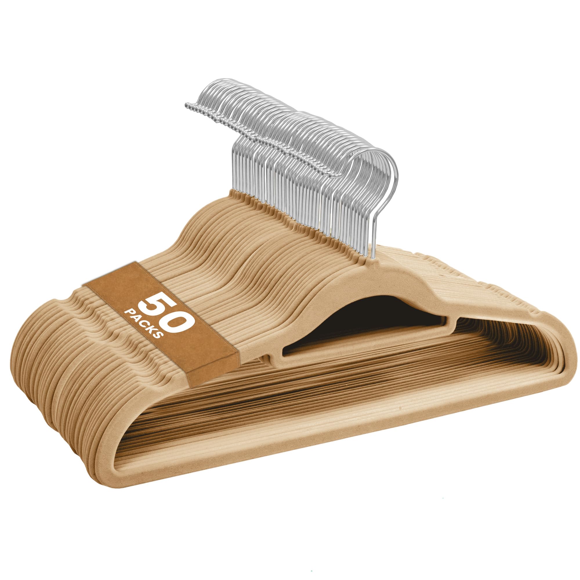 B&Q -  50 Pack Velvet Coat HangersNon-Slip Clothes Hangers With Swivel HooksTaupe