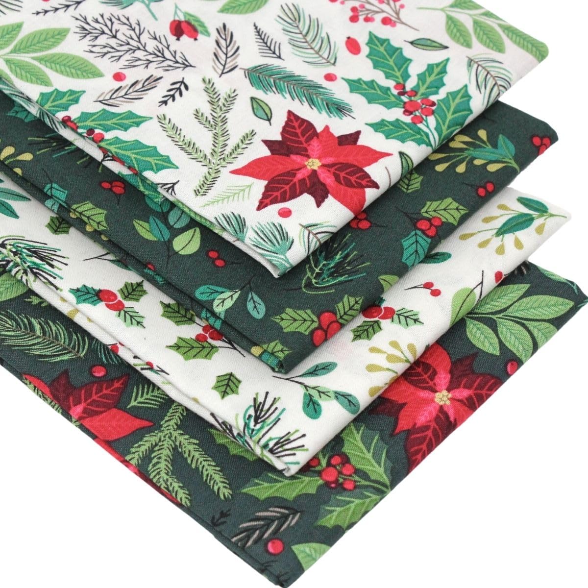 4 Fat Quarters Bundle - 'Winterberry & Poinsettia' – Christmas Fabrics with Poinsettias, Holly Leaves & Berries. 100% Cotton for Quilting & Patchwork (with Free Patchwork Pattern by Overdale Fabrics)