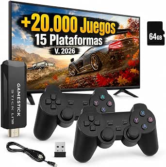 Consola Videojuegos Retro Versión 2026 Stick HDMI para TV | Miles Juegos Precargados en 15 Plataformas y 2 Mandos Wireless Inalámbricos | Sin Internet: Pinchar a Tele y Jugar | Incluye Tarjeta 64GB