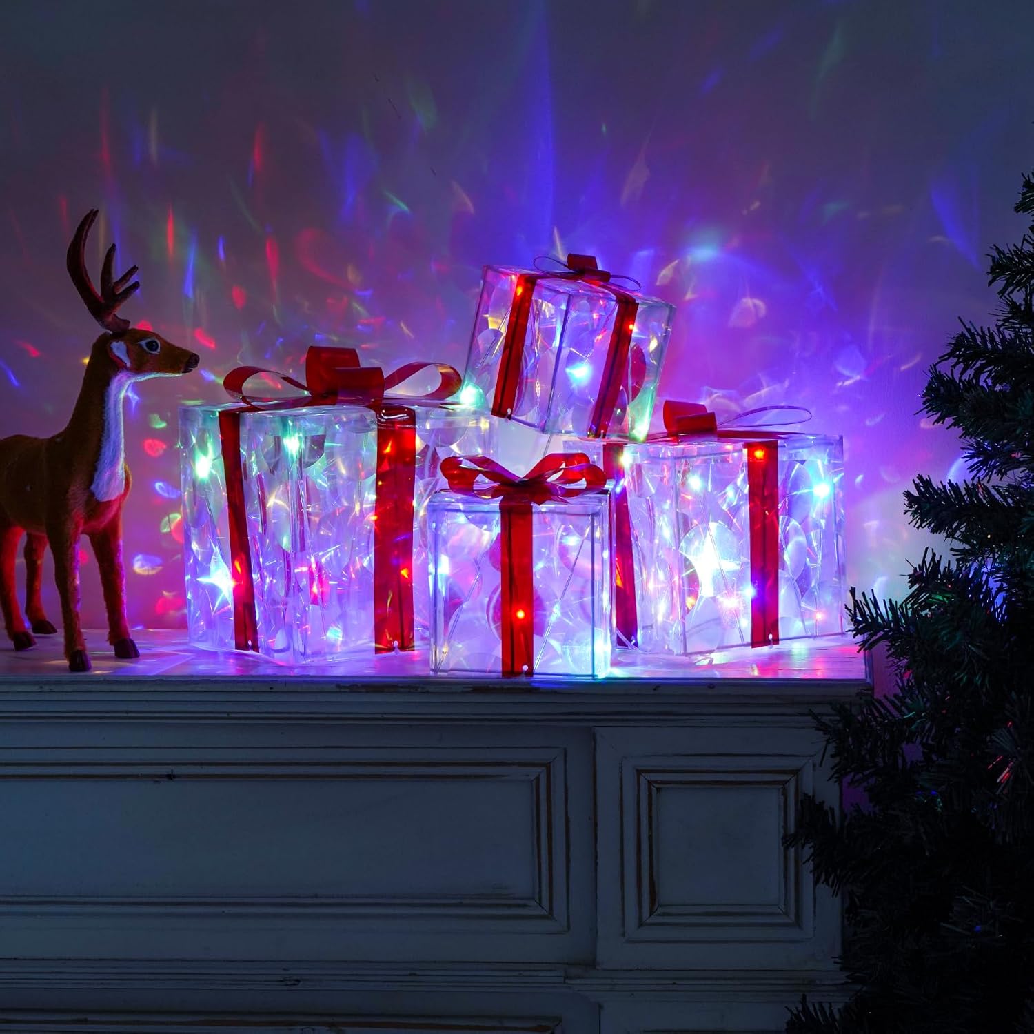 COVFEVER Christmas Lighted Gift Boxes, Pre-lit Lights Gift Boxes Set of 4, Light up Present Boxes Set Battery Operated with Different Sizes for Holiday Indoor Outdoor Decorations (Multi-Colored)