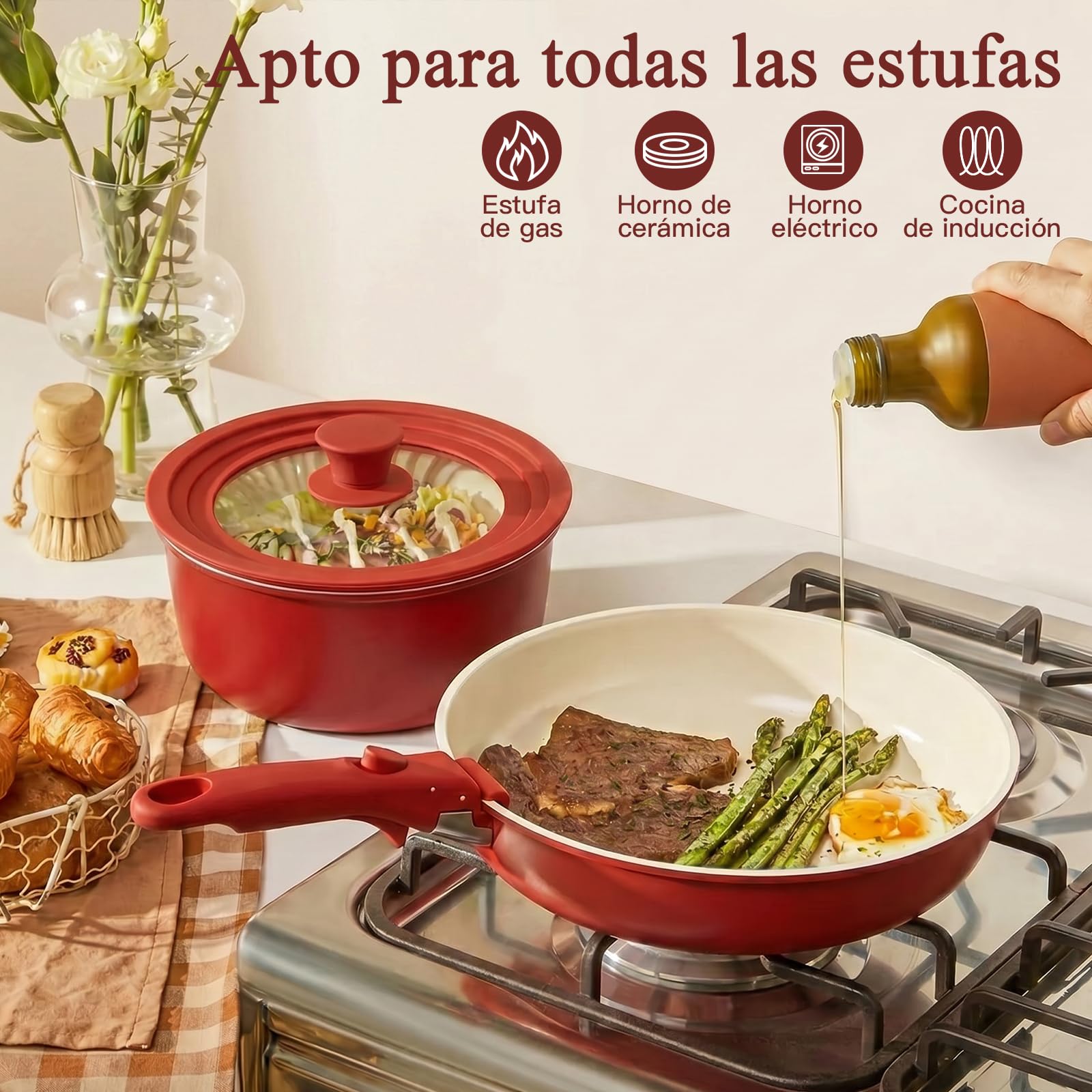 GiPP Juego de Ollas y Sartenes Antiadherentes 21 Piezas, Cacerolas de Cocina Induccion Sin Toxicos, Mango Extraible, Apta para Todo Tipo de Cocinas y Horno, Degradado Rojo