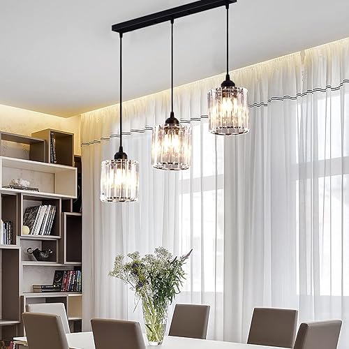 Miniatura 3 de Lámpara de techo colgante negra de 3 luces, mini candelabro, lámparas colgantes de techo ajustables, lámparas colgantes de cristal para isla